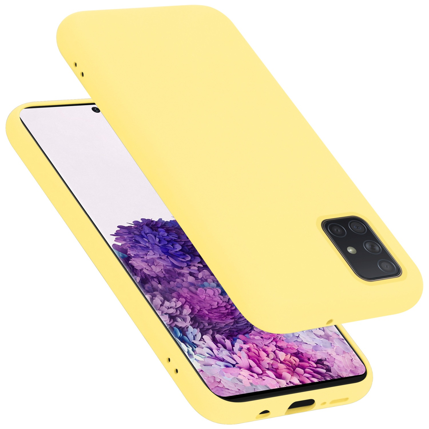 Gelbe Handyhülle mit einem Telefon darin. Das Telefon zeigt den Bildschirm. Die Hülle ist offen.
