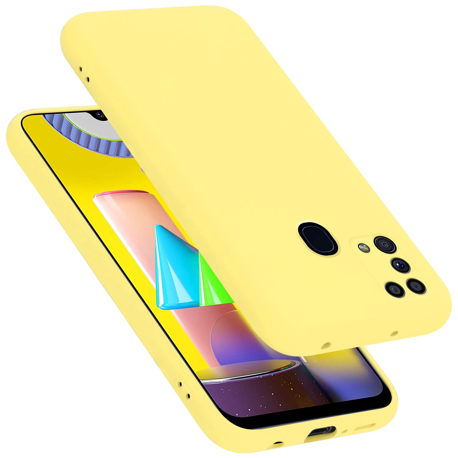Gelbe Handyhülle mit Telefon. Das Telefon ist gelb mit buntem Bildschirm. Weißer Hintergrund.