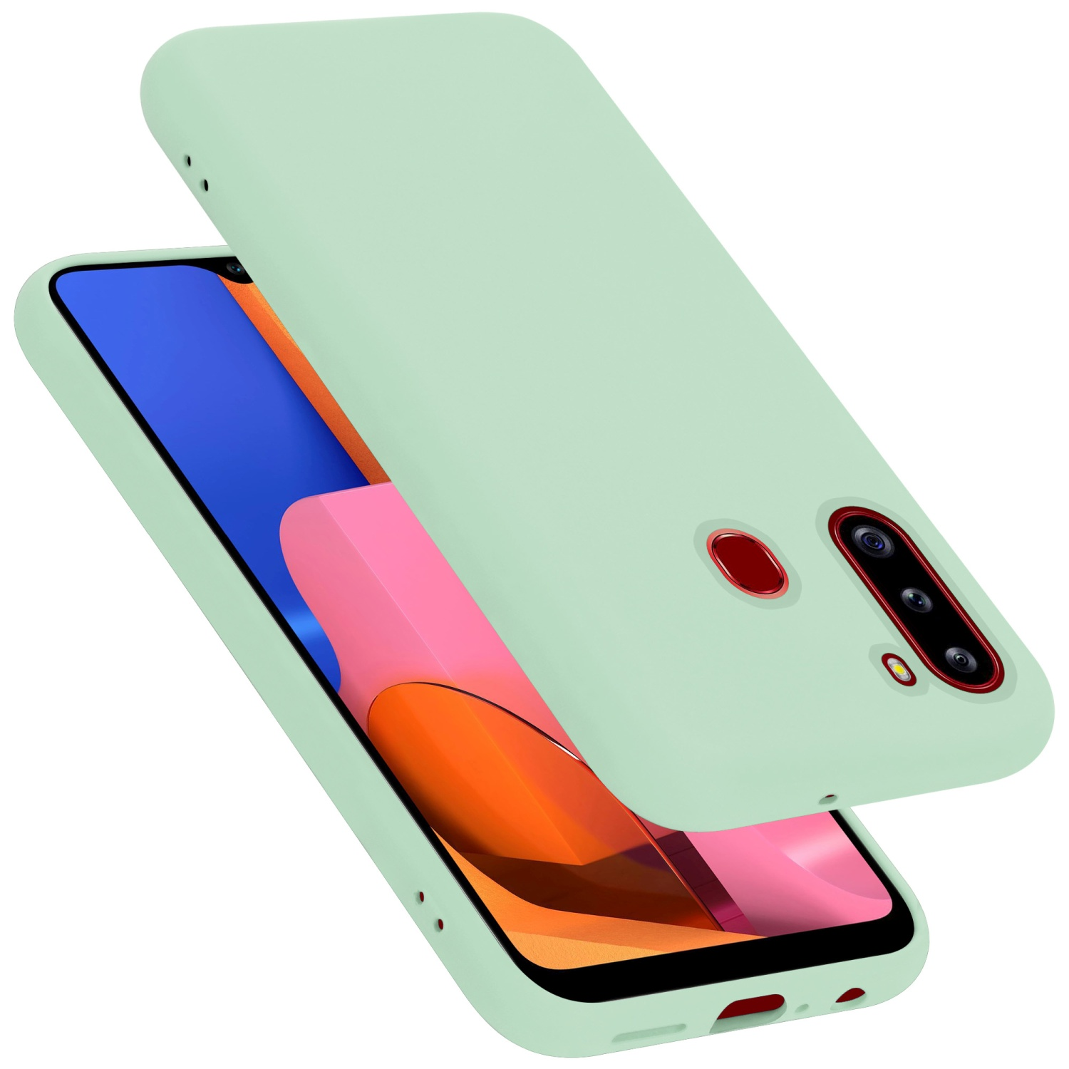 Una custodia per telefono verde chiaro con un telefono sopra e un telefono all'interno. La custodia è leggermente aperta.