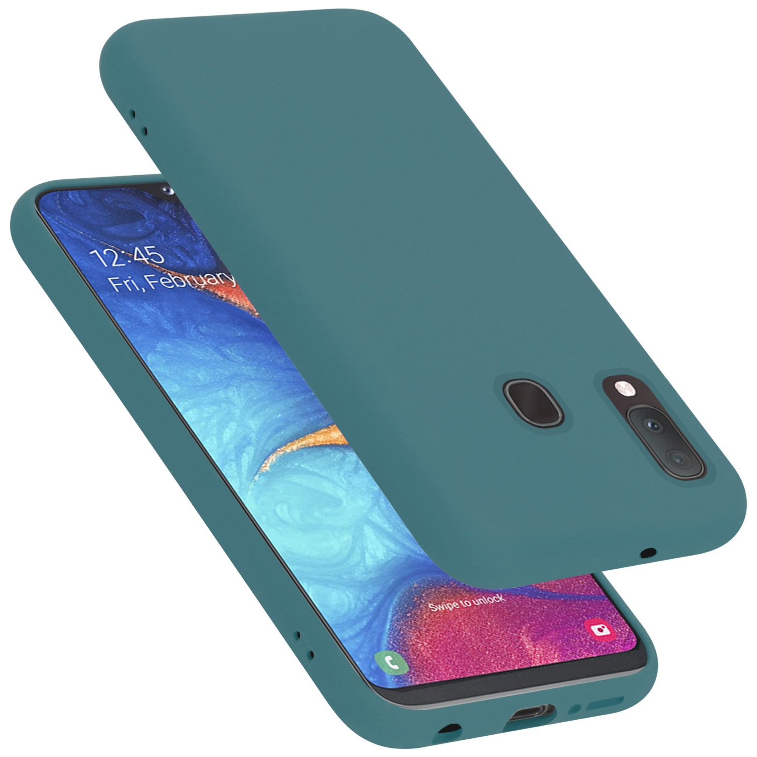 Funda de teléfono verde azulado con un teléfono dentro. La funda está ligeramente abierta. Muestra la hora y fecha.