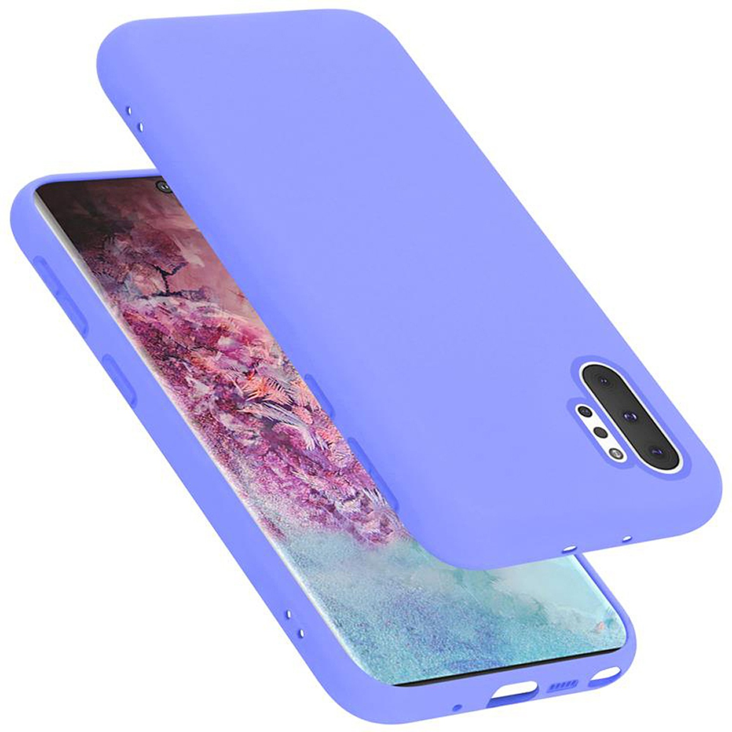 Una custodia per telefono viola con un telefono all'interno. La custodia è aperta e il telefono è visibile.