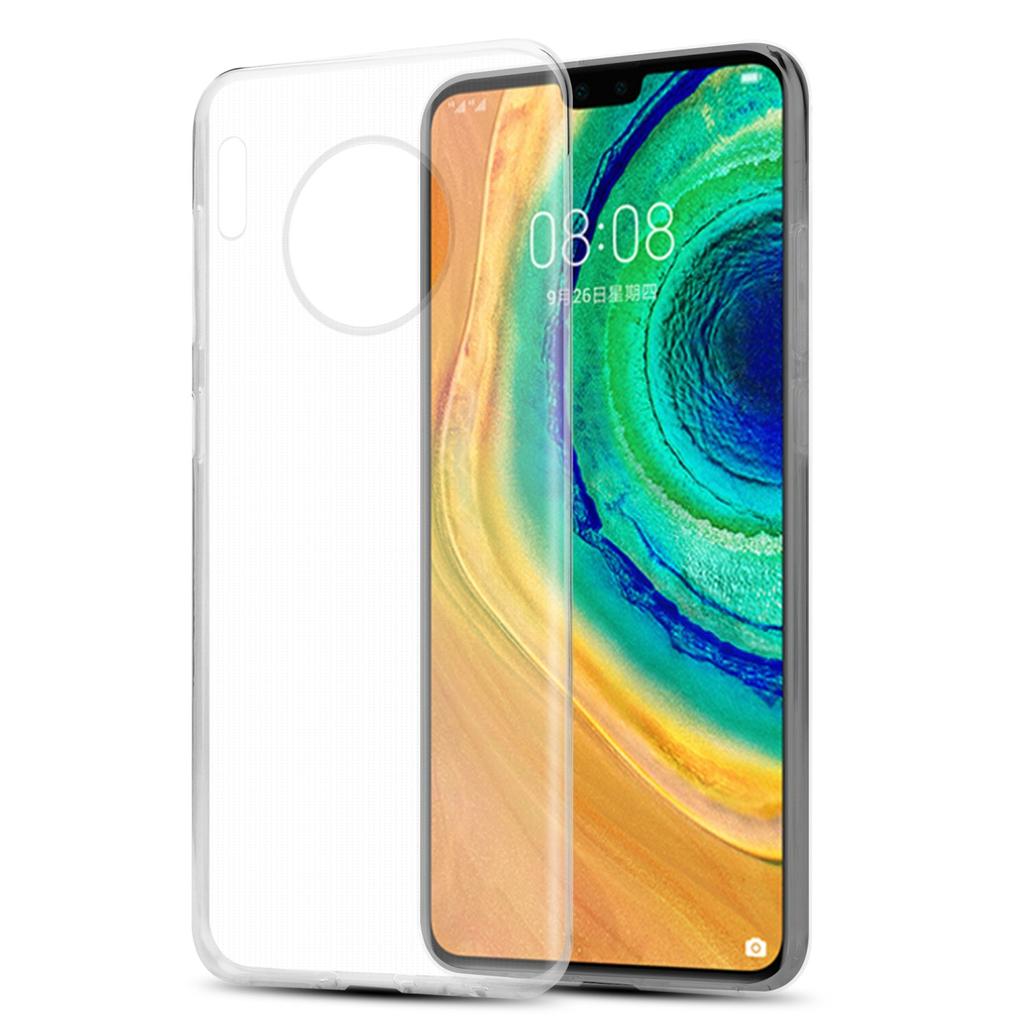 Custodia trasparente con telefono. Custodia aperta. Sfondo bianco.