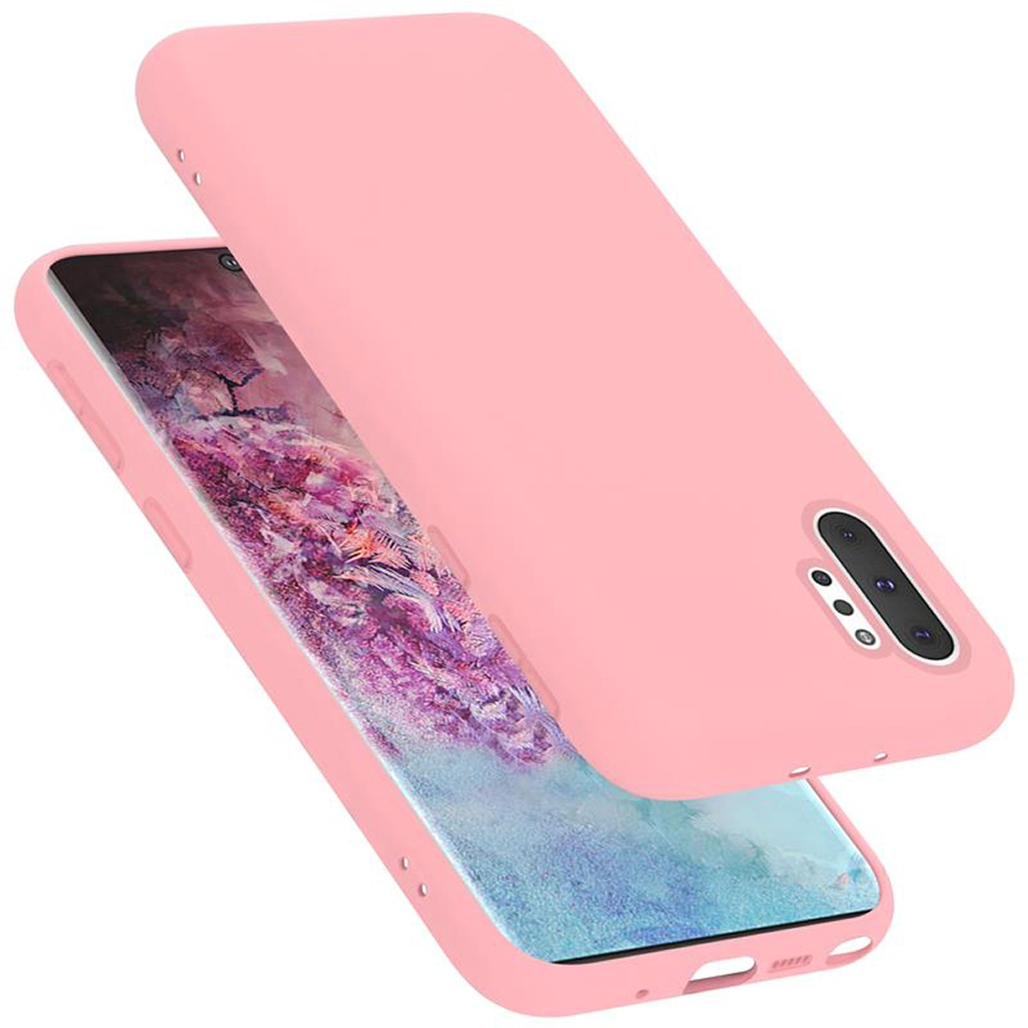 Custodia rosa con schermo. Un'altra custodia sopra. Sfondo bianco.