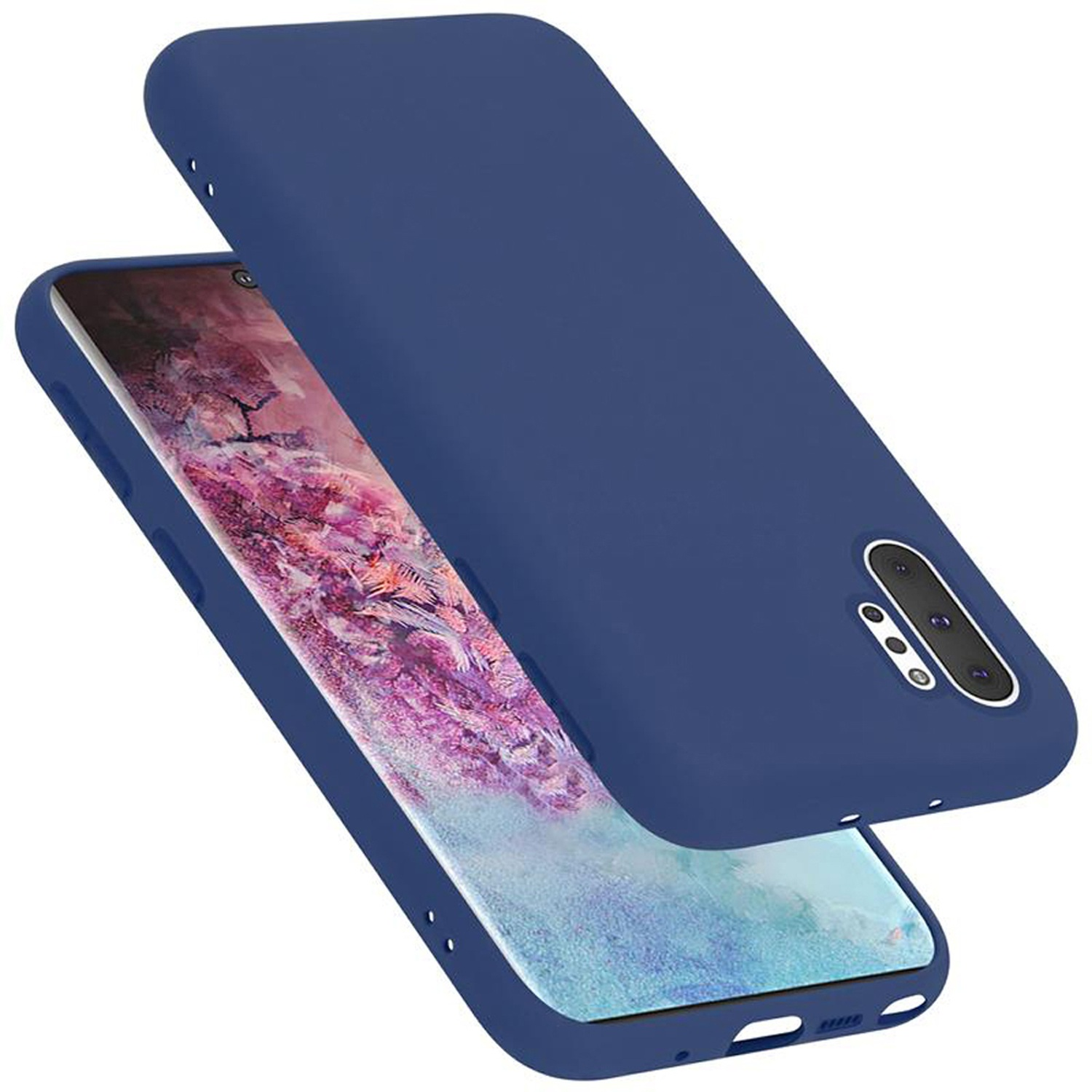 Custodia blu per telefono, con un telefono dentro e un'altra in piedi accanto.