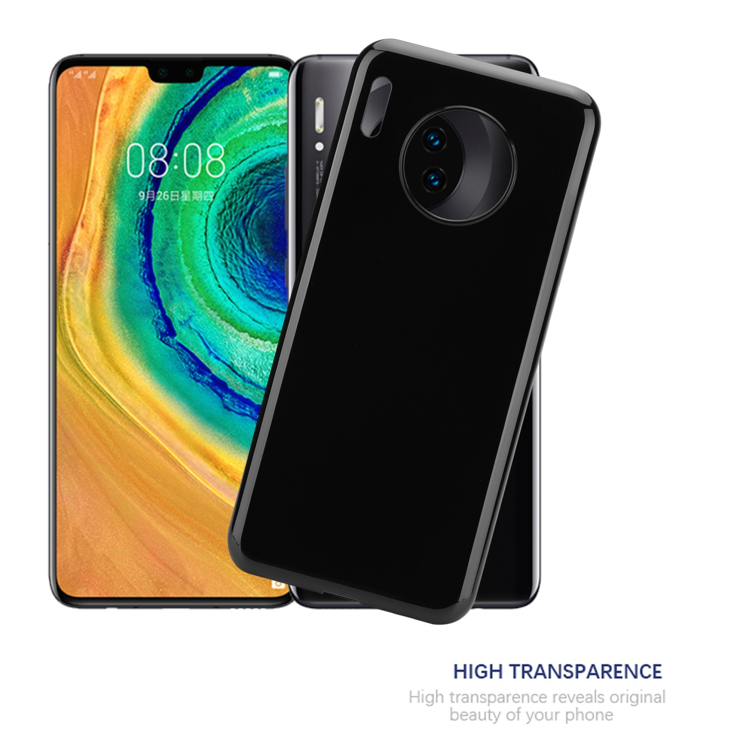 Schwarzes Telefon mit zwei Kameras und einer schwarzen Hülle. Die Hülle bedeckt die Rückseite.