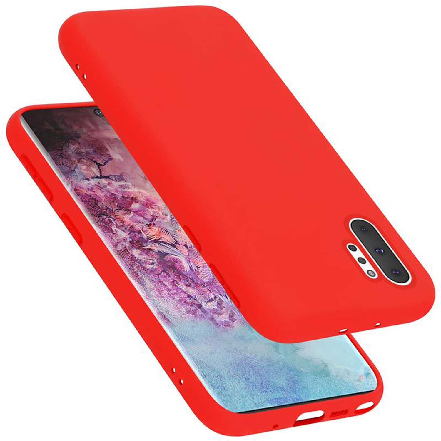 Custodia rossa con telefono dentro. Custodia aperta ad angolo, telefono visibile. Schermo mostra grafica.
