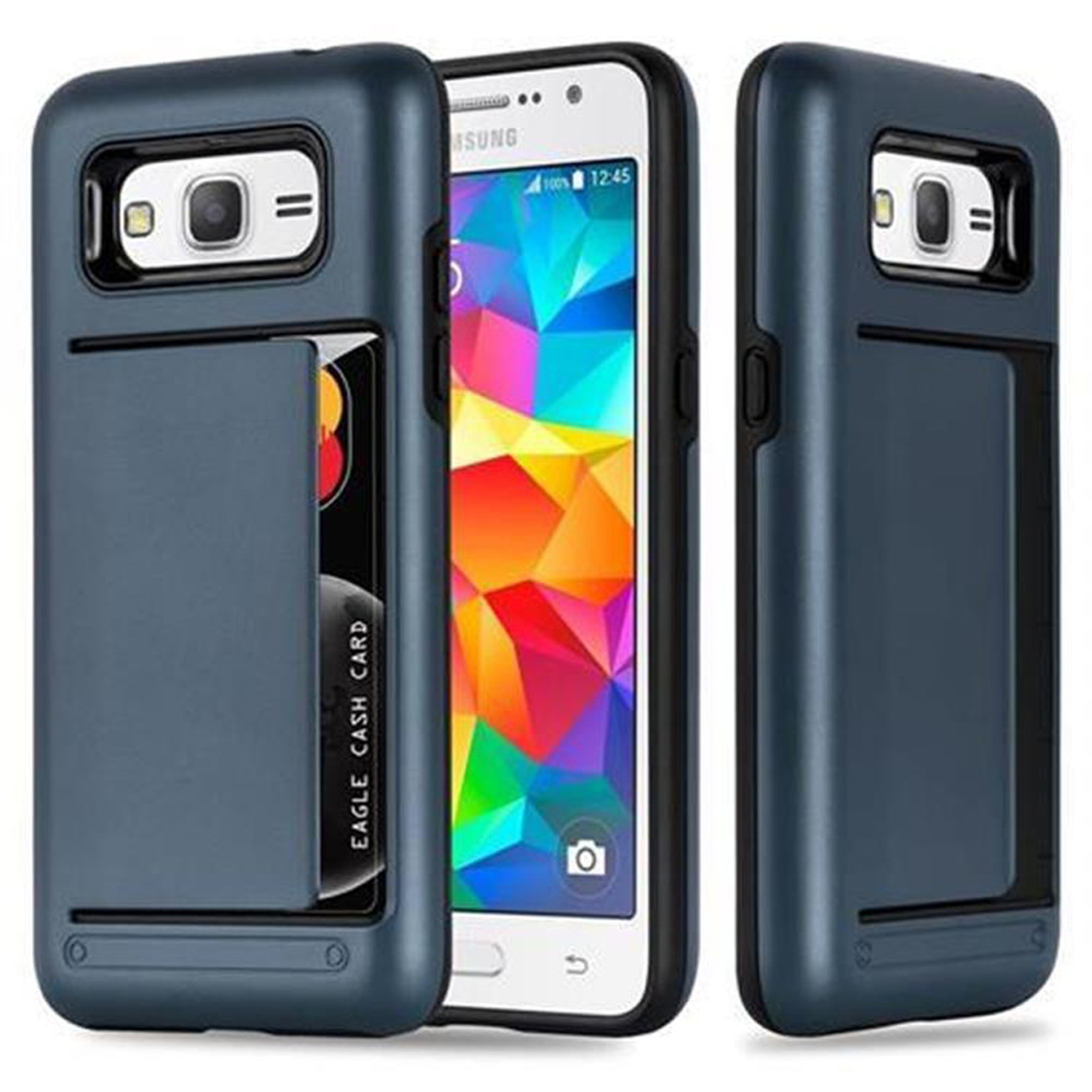 Funda de teléfono azul con ranura para tarjeta, que sostiene un teléfono con un patrón colorido.