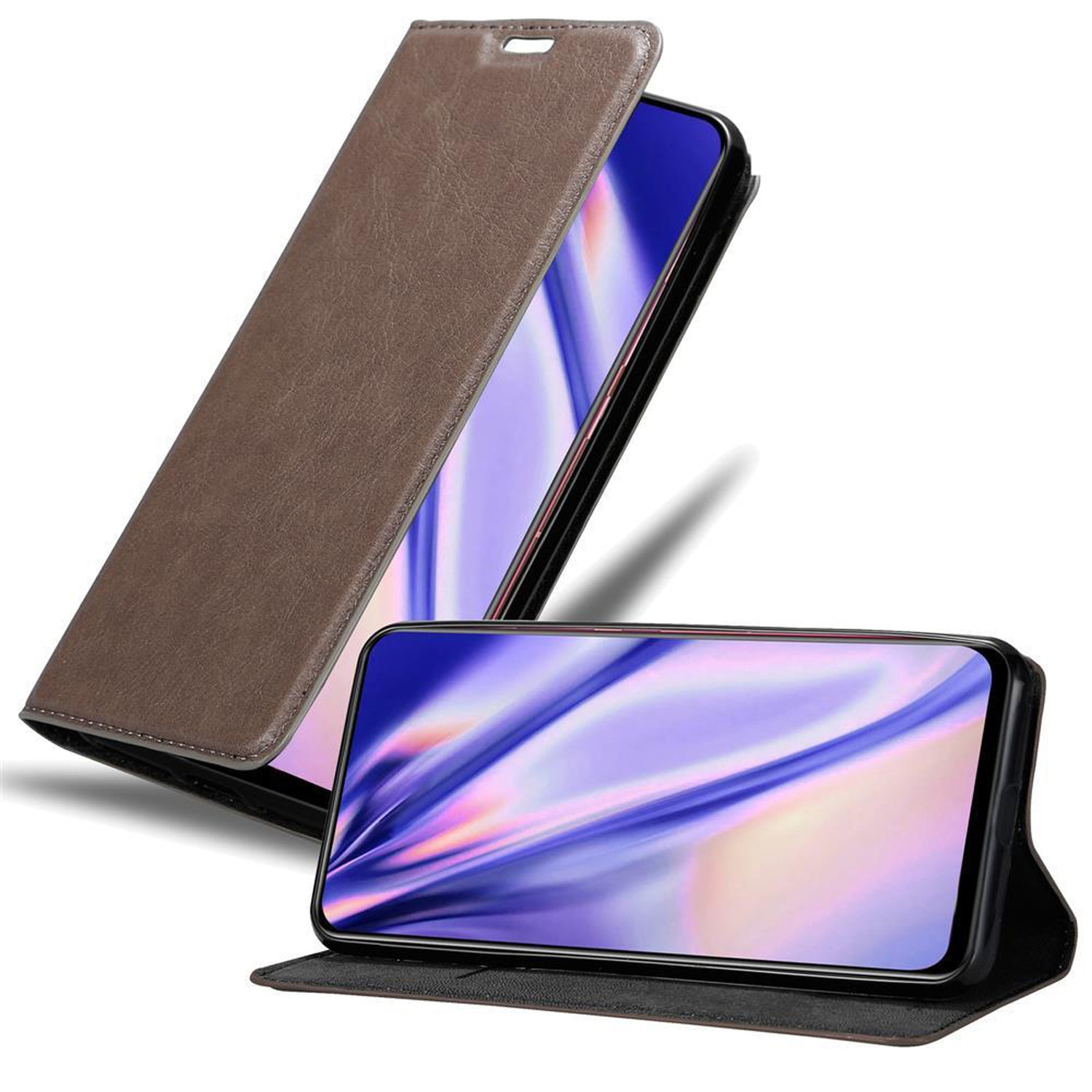 Braune Leder-Handyhülle mit einem Handy darin und einem Handy dahinter.
