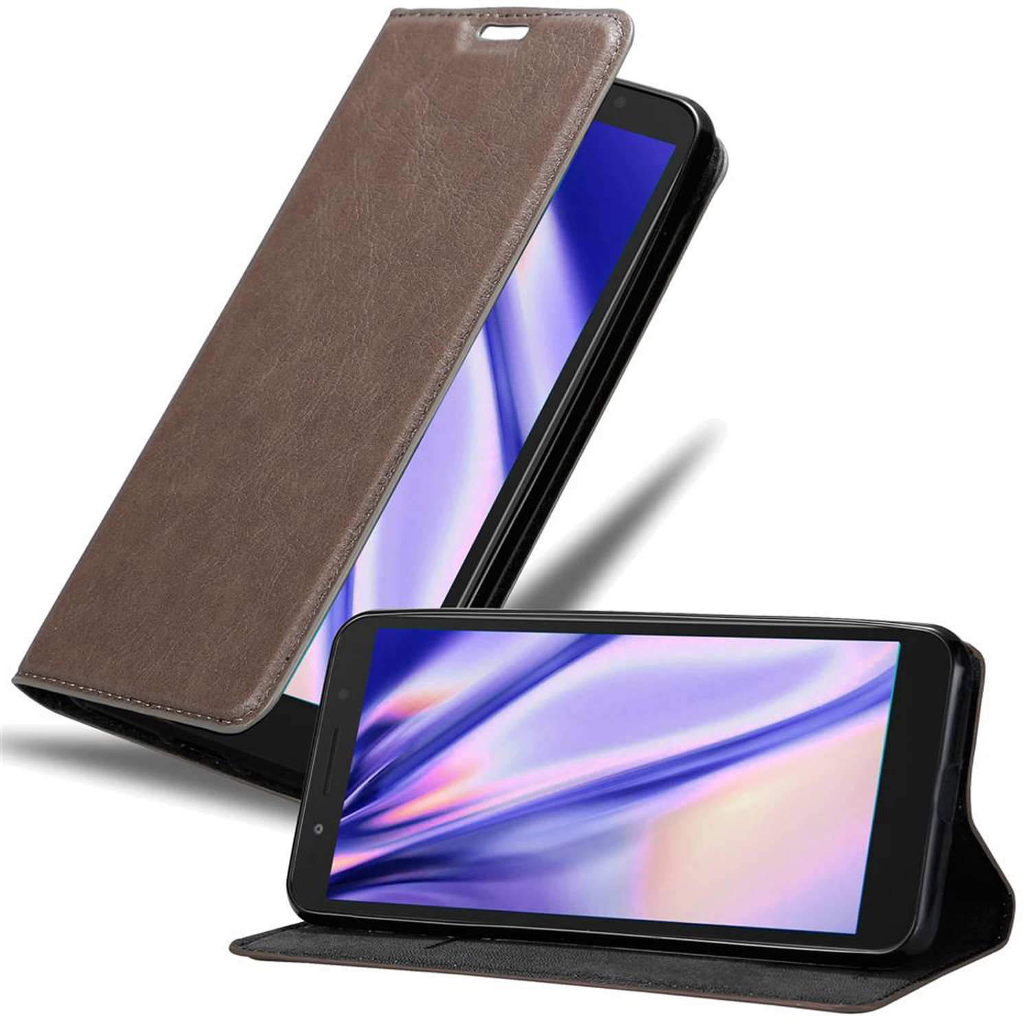 Custodia marrone per telefono aperta accanto a un telefono con un design blu e viola sullo schermo.