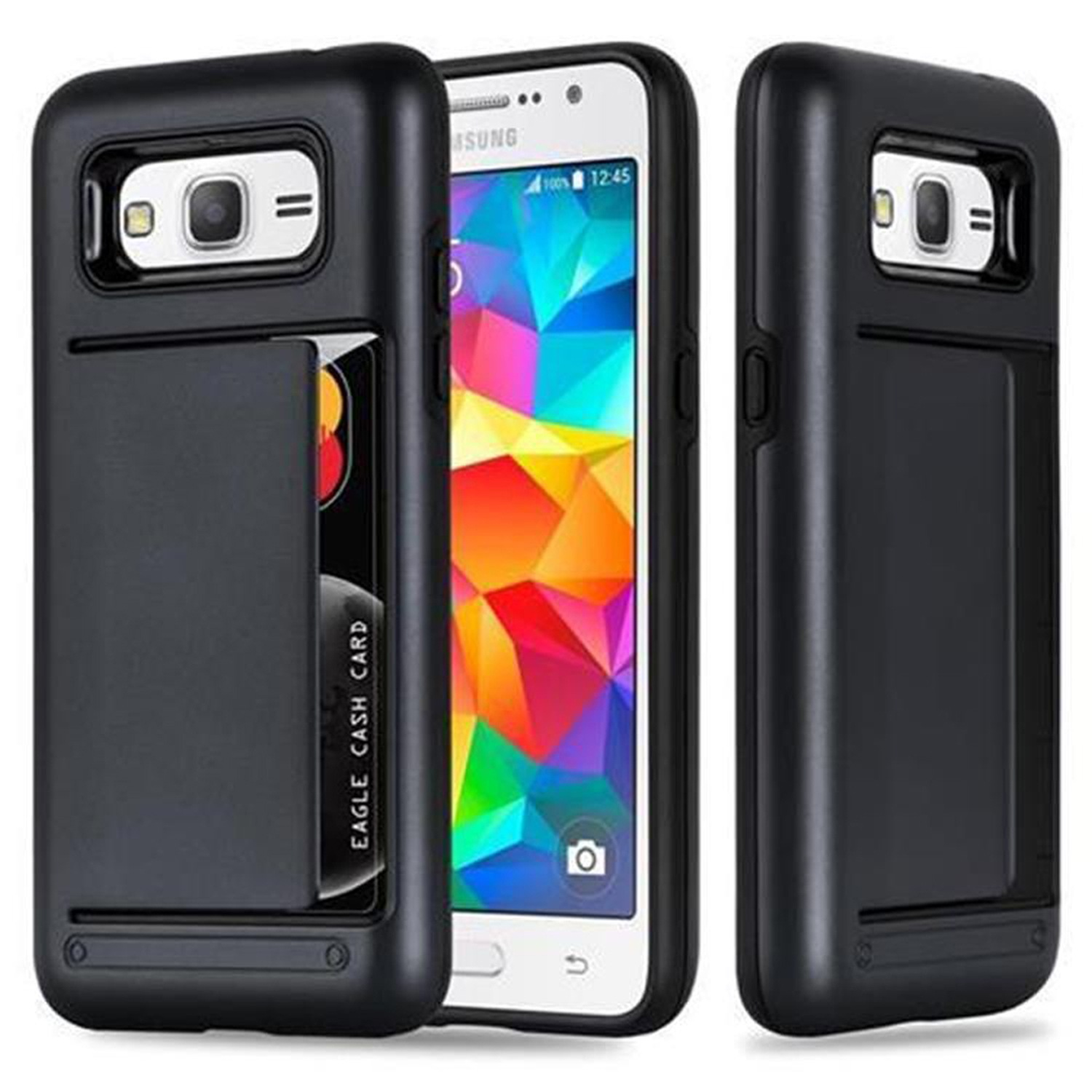 Funda de teléfono negra con teléfono dentro. Tarjeta visible en ranura. Pantalla muestra gráficos.