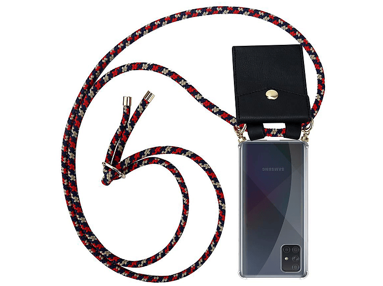 CADORABO Handy Kette mit Gold Ringen, Kordel Band und abnehmbarer Hülle, Backcover, Samsung, Galaxy A71 4G, ROT BLAU GELB