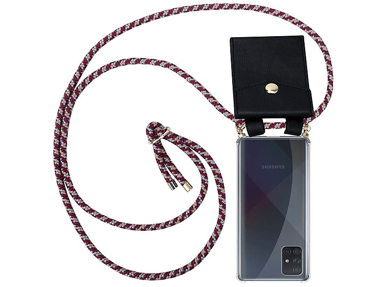 CADORABO Handy Kette mit Gold Ringen, Kordel Band und abnehmbarer Hülle, Backcover, Samsung, Galaxy A51 4G / M40s, ROT GELB WEIß