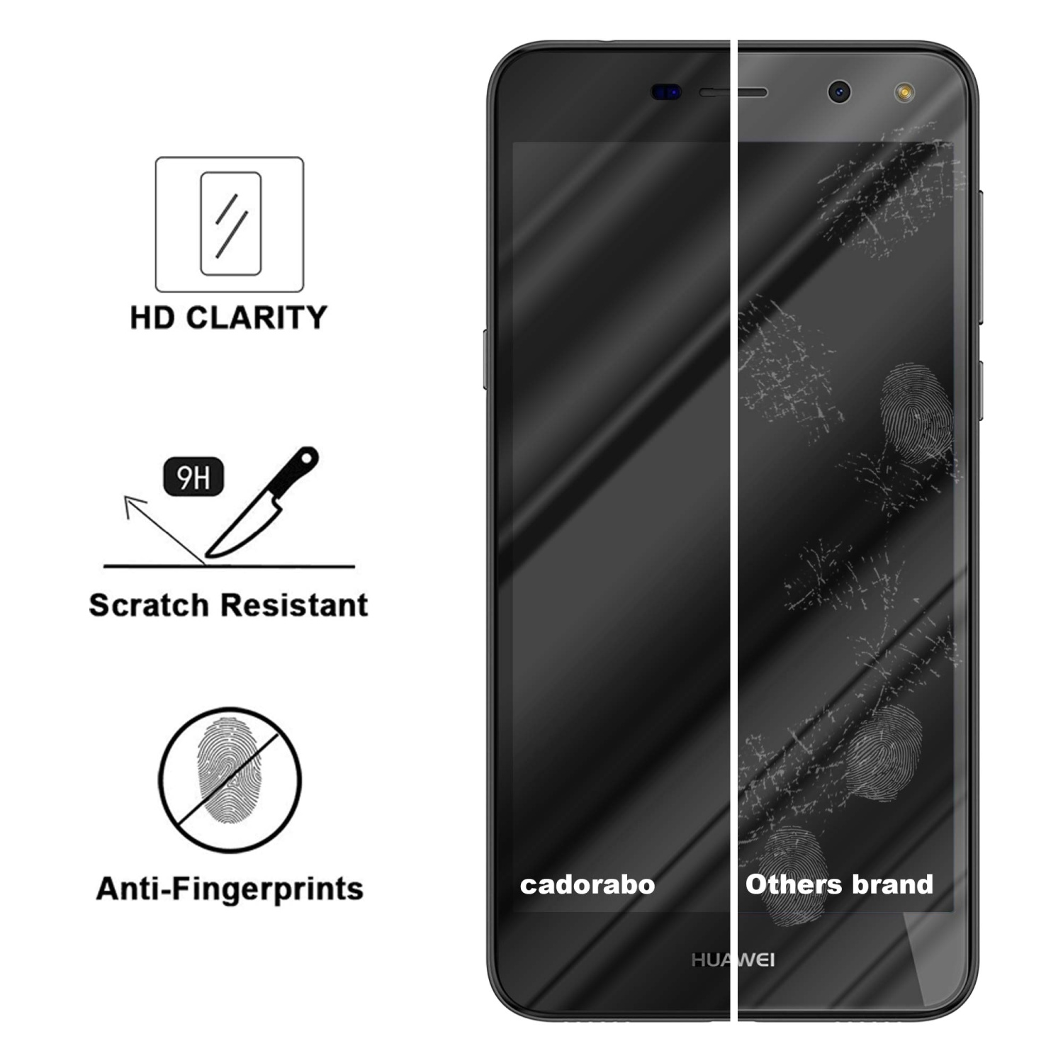 Uno schermo del telefono con uno strato di protezione. Il testo indica resistenza alle impronte digitali e ai graffi.