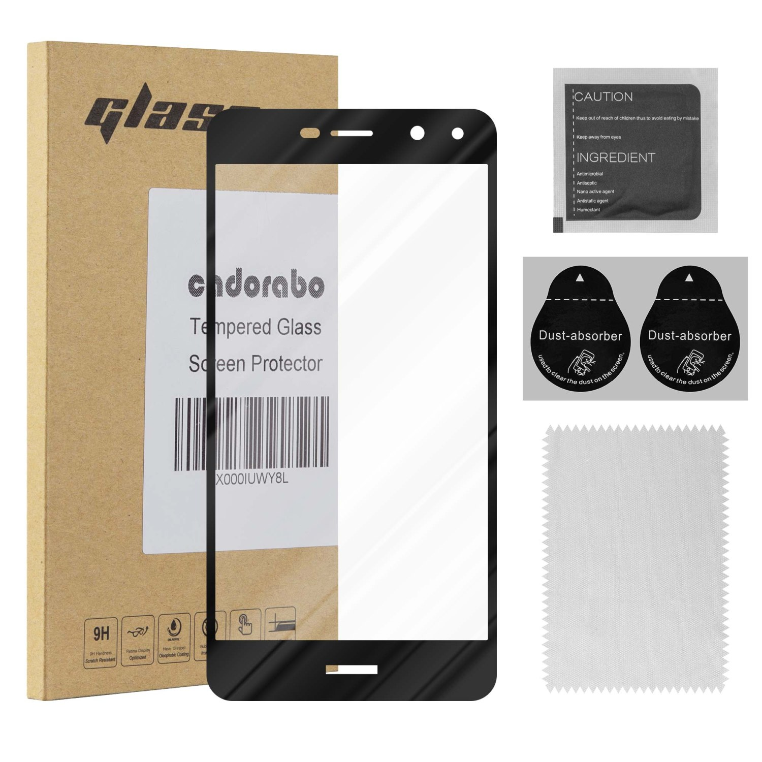 Kit protezione schermo con schermo del telefono, scatola, accessori e istruzioni.