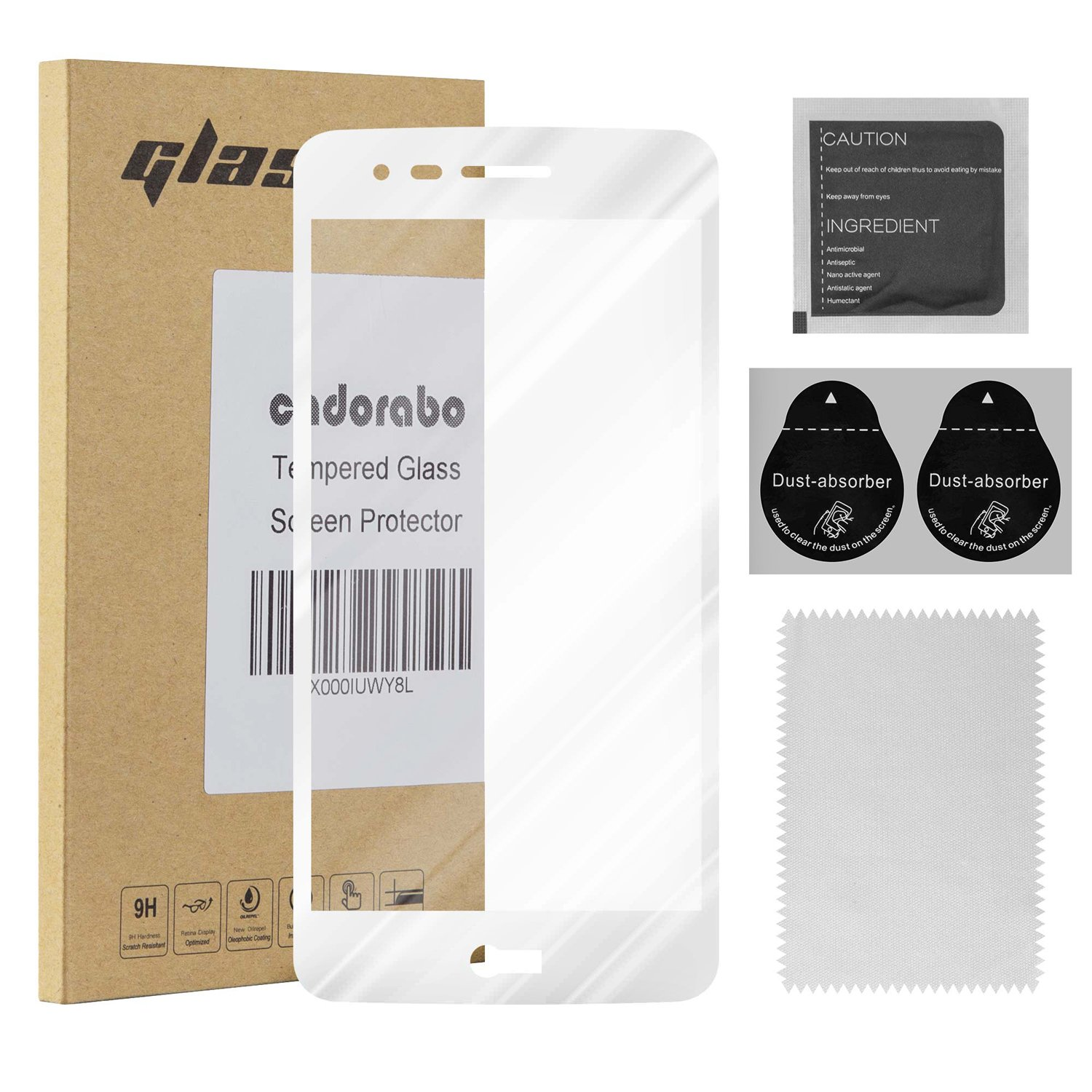Un kit de protector de pantalla de vidrio templado, con accesorios sobre fondo blanco.
