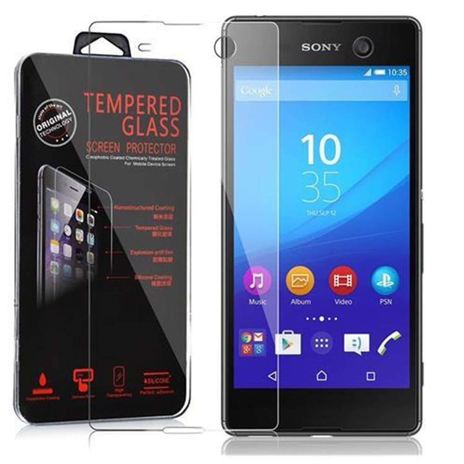 Teléfono con protector de pantalla y caja. El teléfono muestra una interfaz. Texto: Vidrio templado.