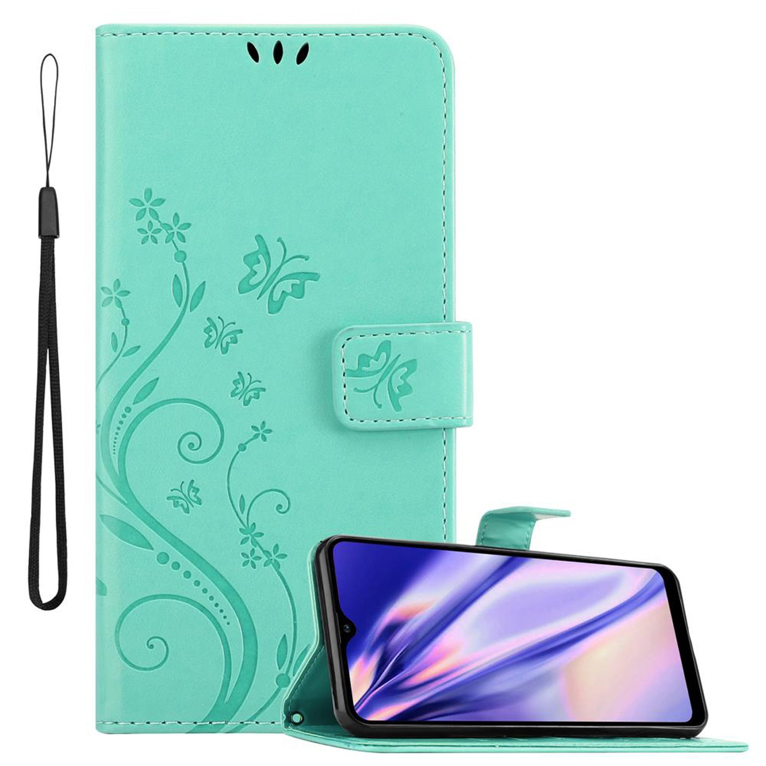 Hülle FLORAL A21, Case, Muster Blumen TÜRKIS Flower Bookcover, Samsung, CADORABO Galaxy