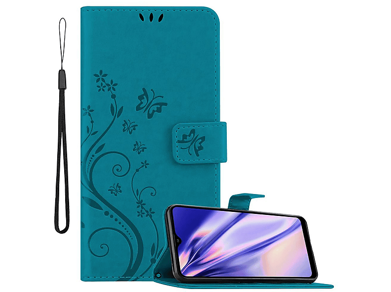 BLAU Galaxy Blumen Case, FLORAL Flower Samsung, Hülle CADORABO Muster A21, Bookcover,