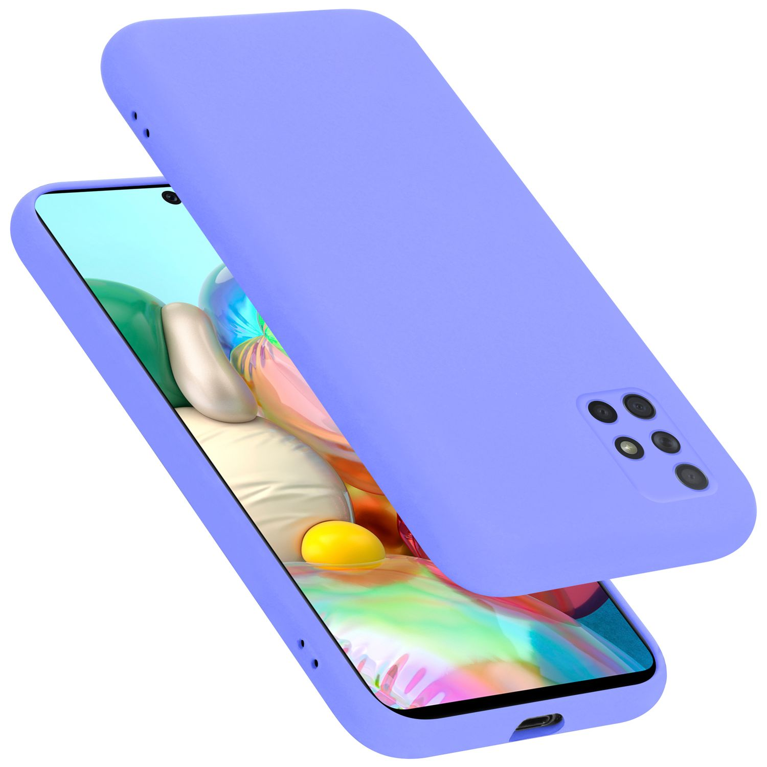 Una custodia lavanda è esposta con il telefono. La custodia è leggermente separata.