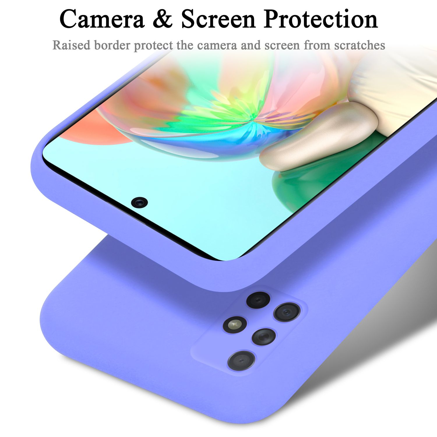 Custodia del telefono viola. Testo: Protezione fotocamera e schermo. Schermo e fotocamera del telefono visibili.