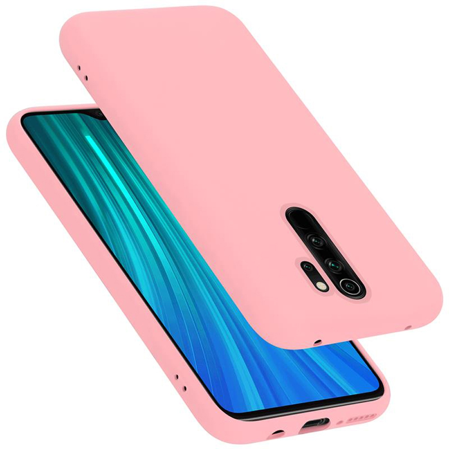 Un telefono rosa con una custodia abbinata. Il telefono è rosa e la custodia è aperta.