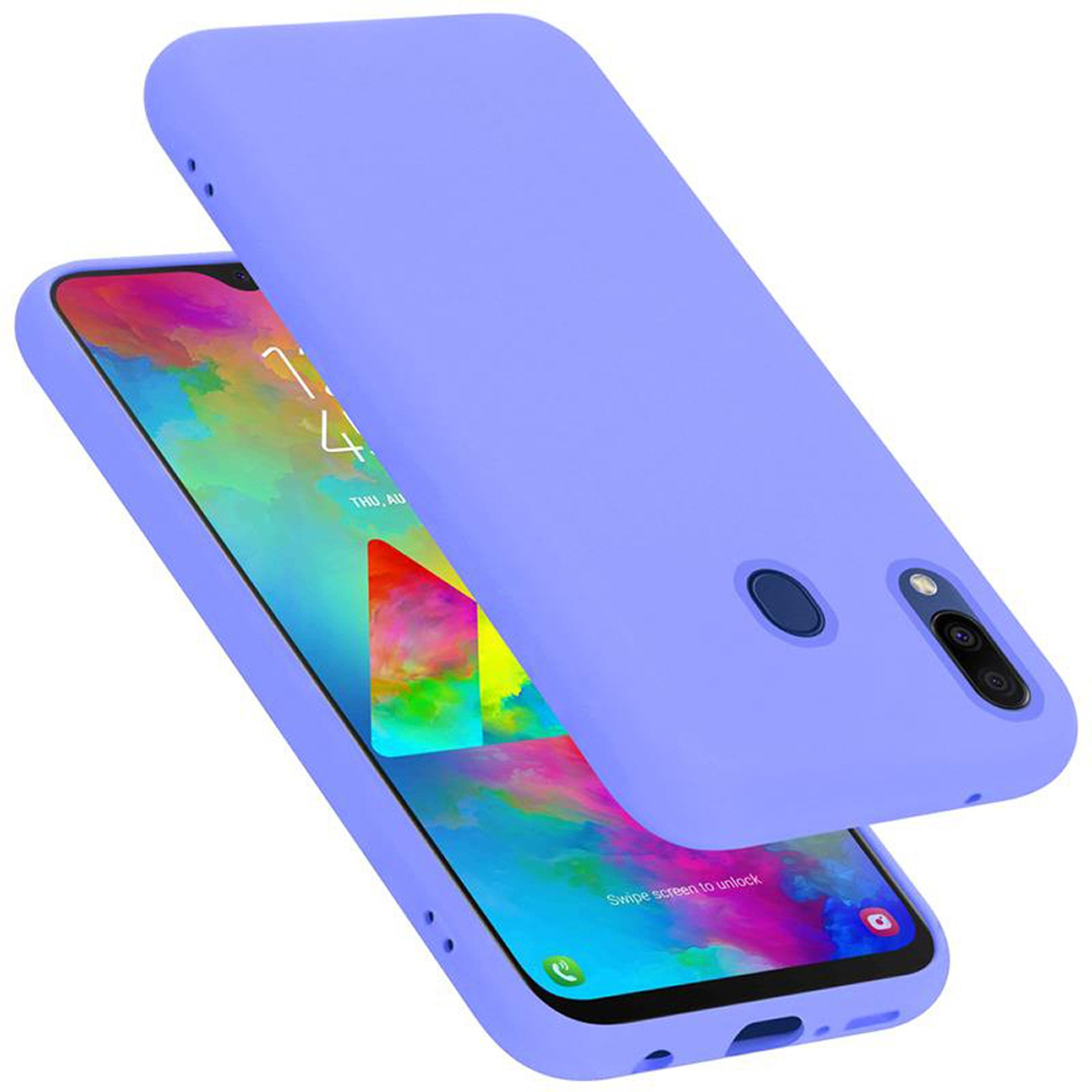 Custodia per telefono viola, con un telefono all'interno. La custodia è leggermente aperta. Mostra l'ora e la data.
