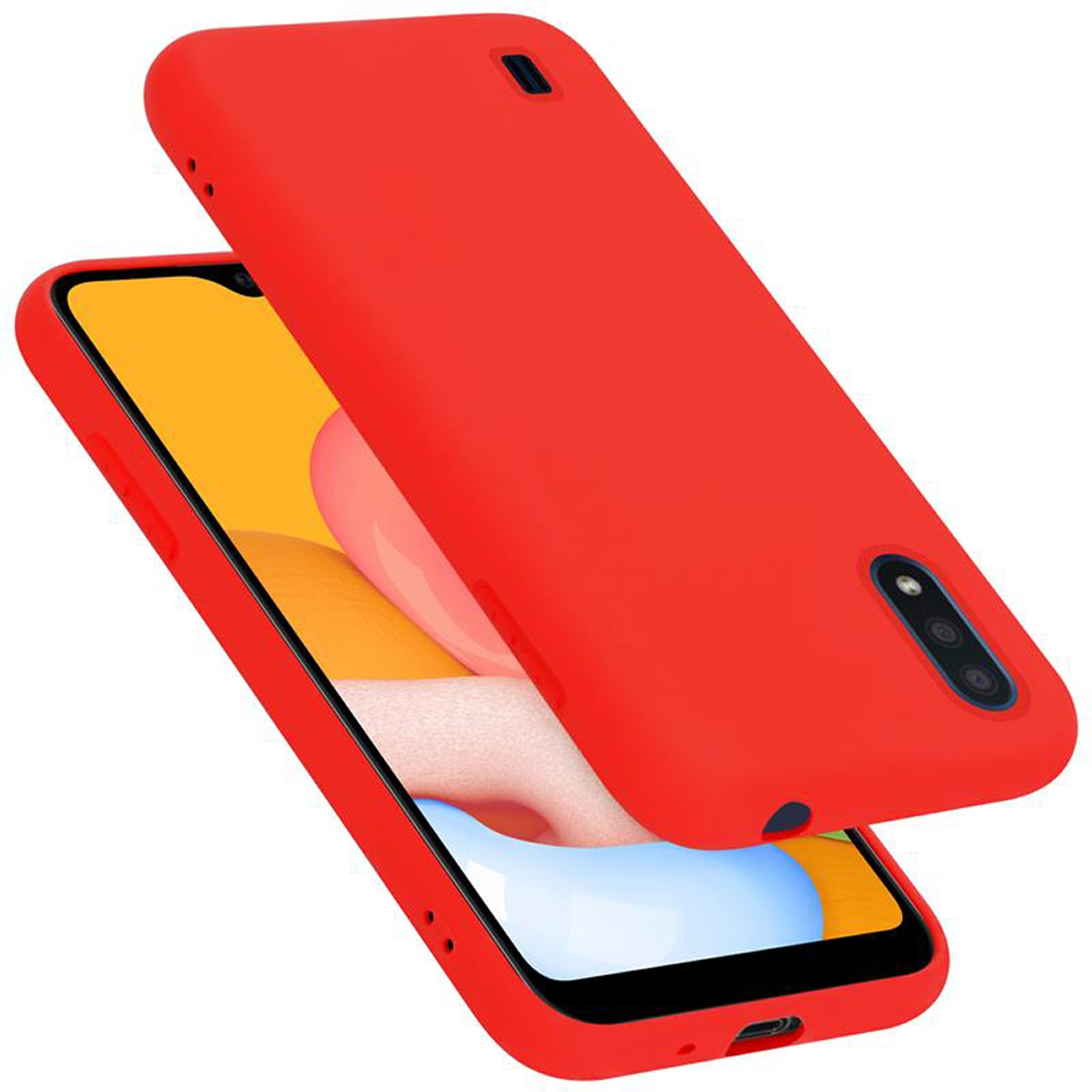 Due custodie per telefono rosse. Una sopra l'altra. Sono di colore rosso pieno.