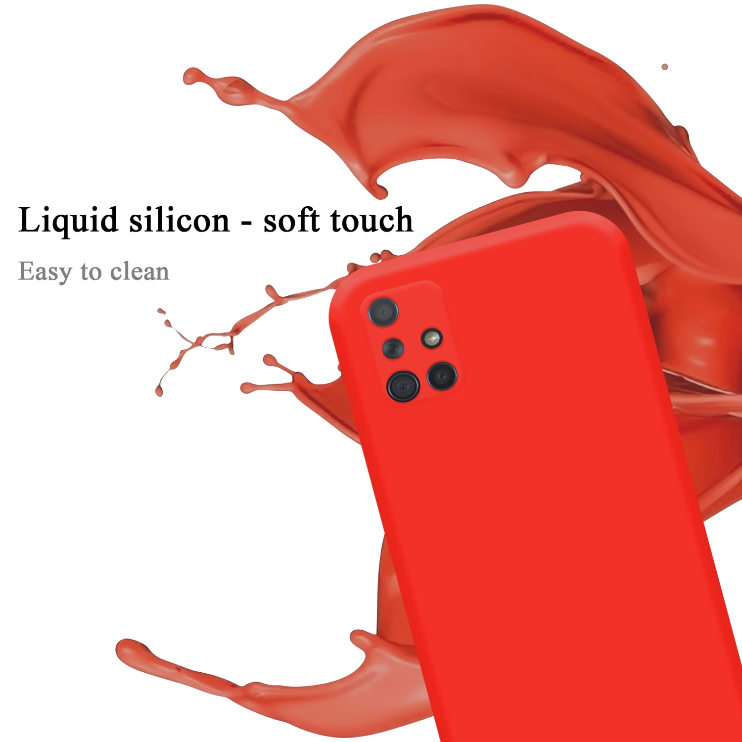 Rote Handyhülle mit einem Telefon darin. Flüssiges Silikon, Soft-Touch und leicht zu reinigen wird beworben.