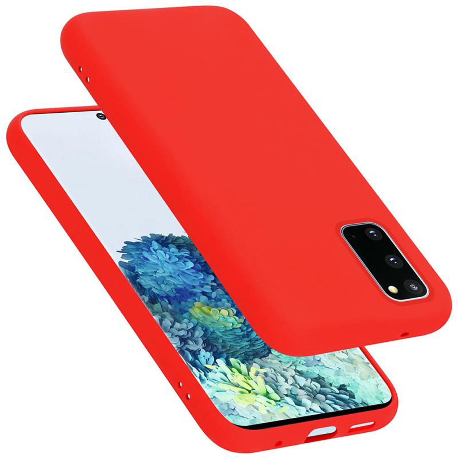 Telefono rosso con custodia rossa. Sfondo bianco.