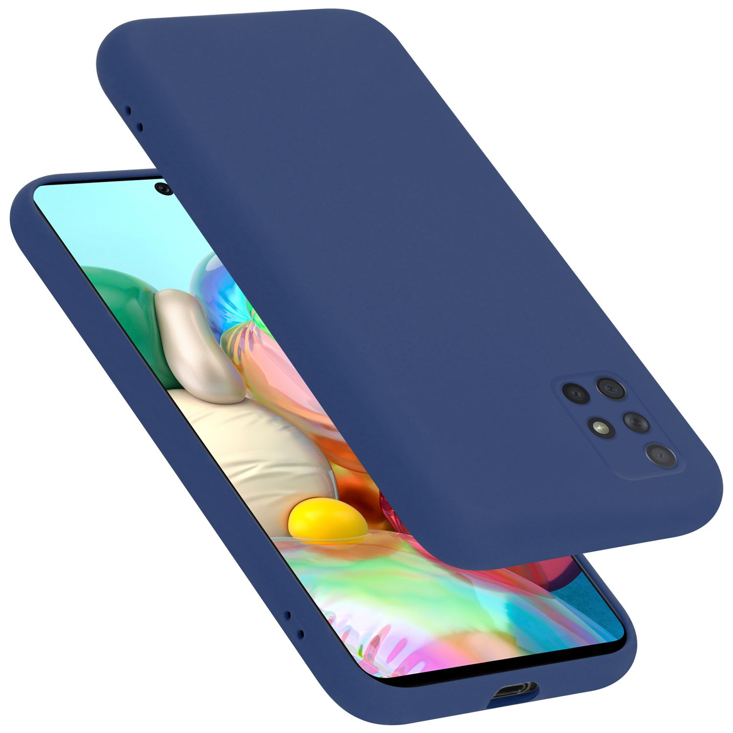 Una custodia blu navy per telefono con un telefono all'interno e il retro staccato su sfondo bianco.