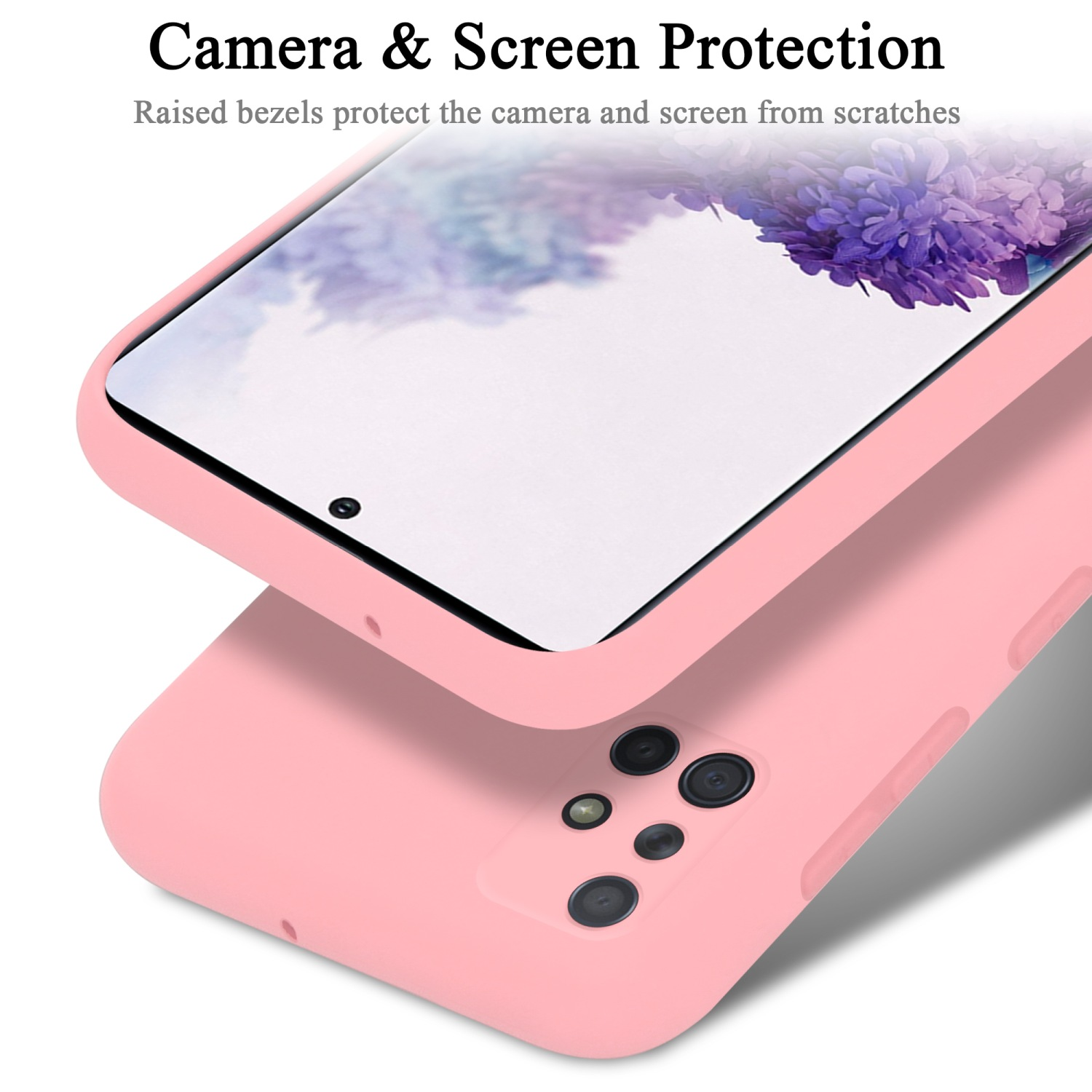 Custodia rosa per telefono che protegge un telefono con schermo viola e bianco. Testo: Protezione fotocamera e schermo.