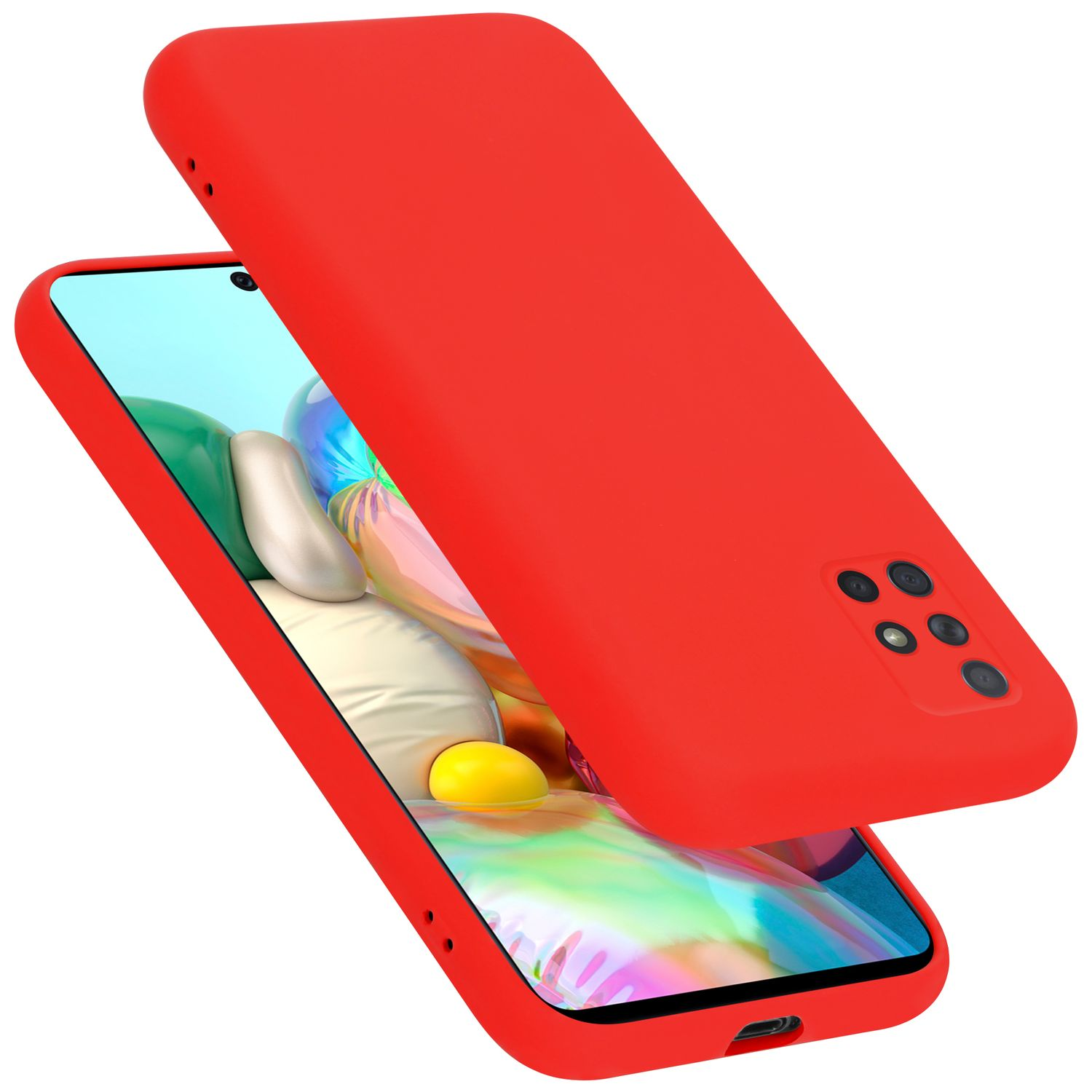 Custodia del telefono rossa, due parti. Copertura superiore aperta. Sfondo bianco.