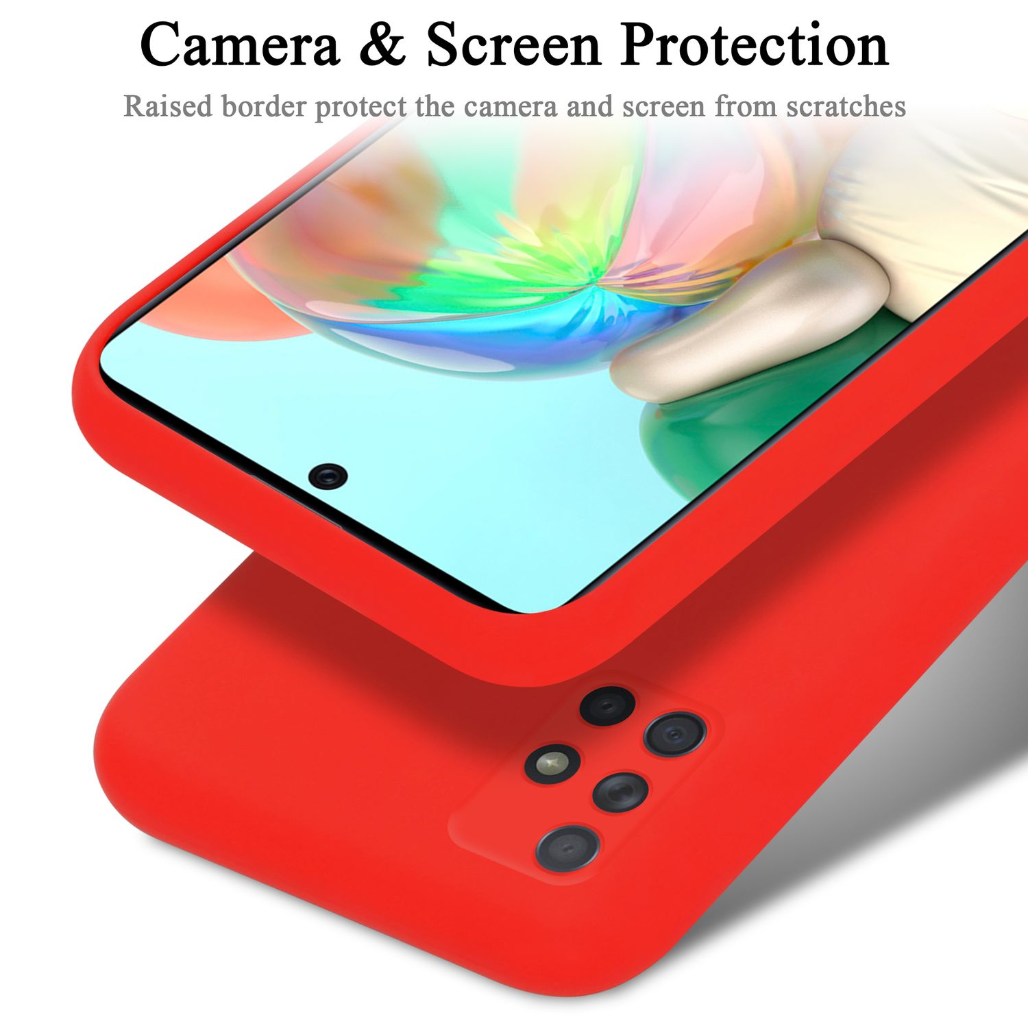 Custodia per telefono rossa con telefono all'interno, fotocamera e schermo visibili. Testo: Protezione fotocamera e schermo.