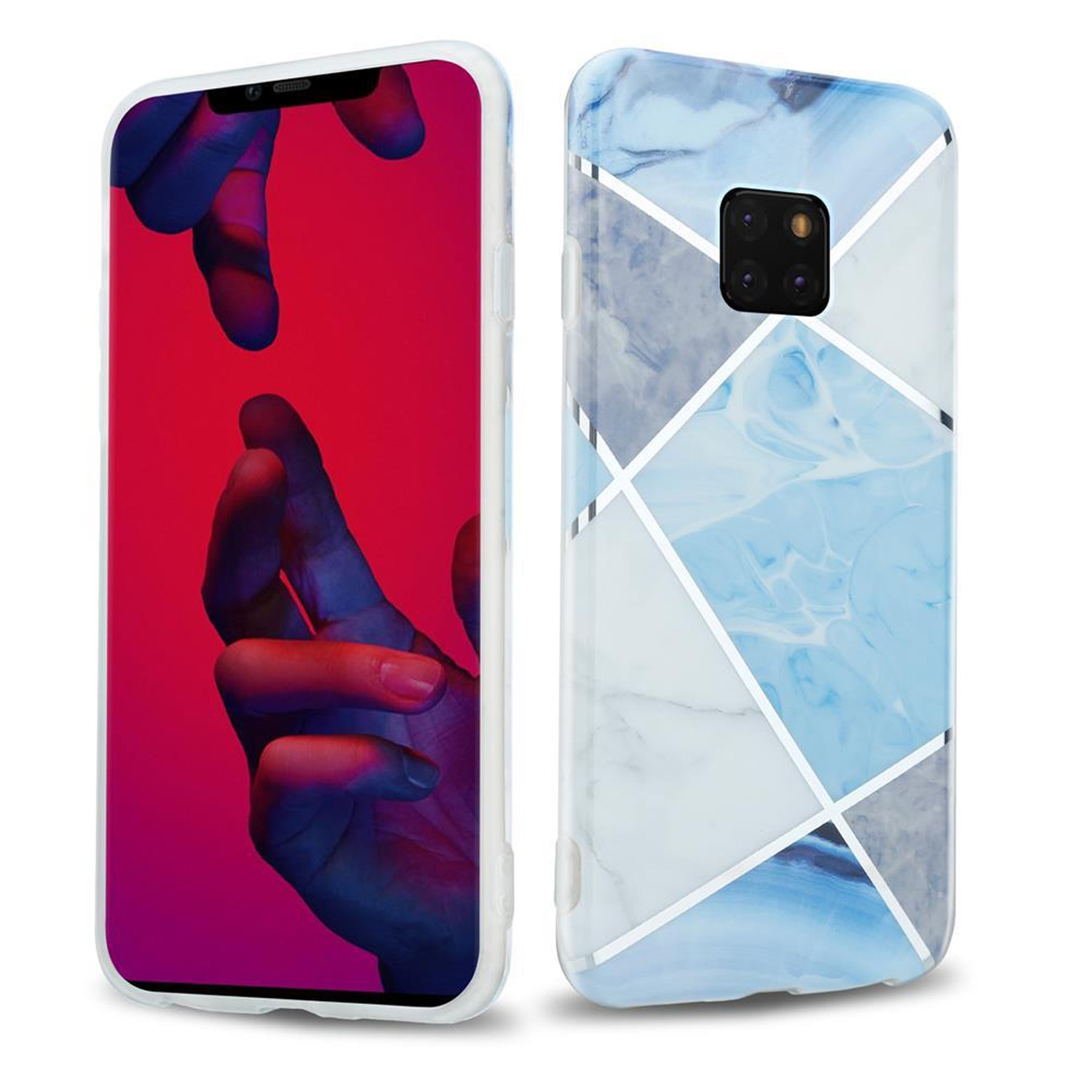 Un telefono in una custodia. La custodia è blu e bianca con un design marmorizzato. Lo sfondo è rosso.