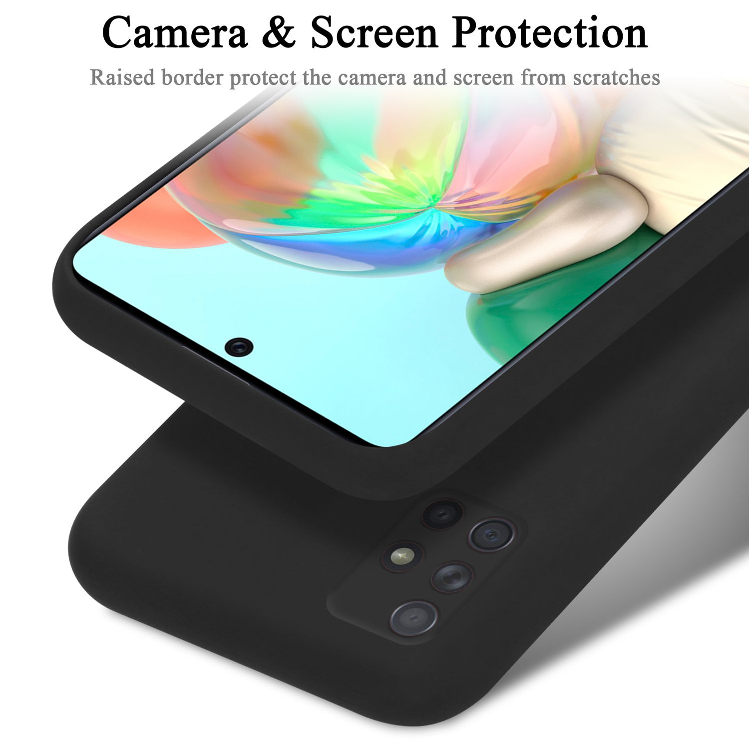 Custodia nera con telefono. Lo schermo è visibile. La custodia protegge la fotocamera e lo schermo.