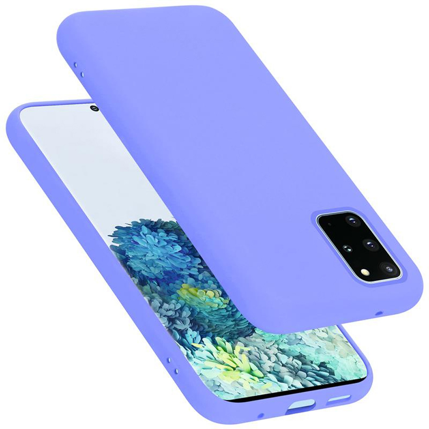 Custodia viola per telefono accanto a un telefono. Lo schermo mostra un design floreale su sfondo bianco.