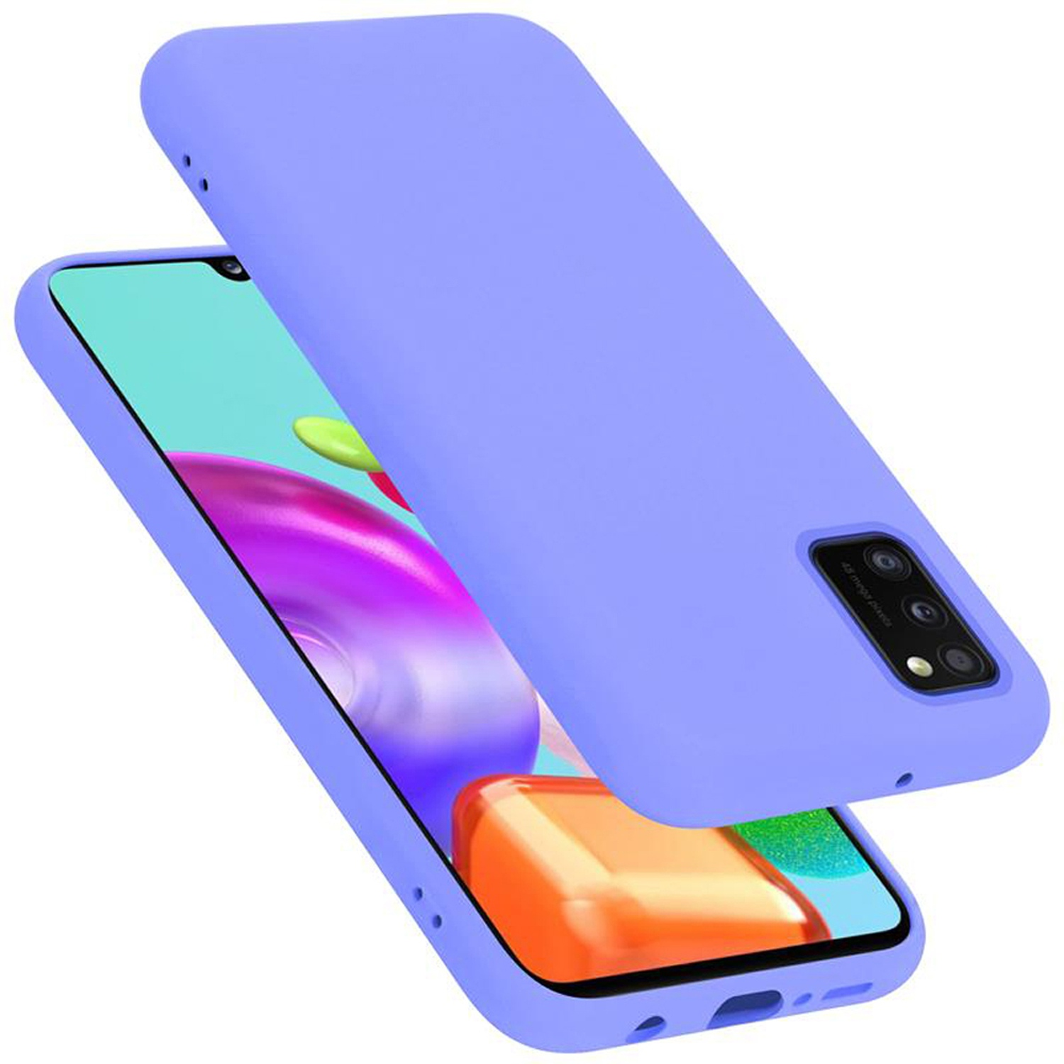 Custodia del telefono azzurra con telefono all'interno. Sfondo bianco. Schermo del telefono visibile.