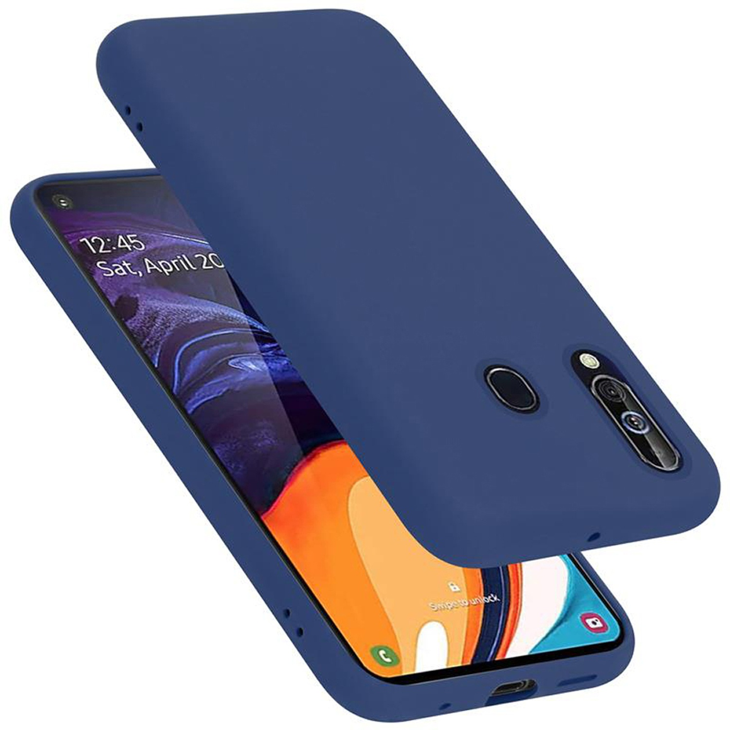 Blaue Handyhülle über einem Telefonbildschirm, die obere Hülle ist leicht geneigt.
