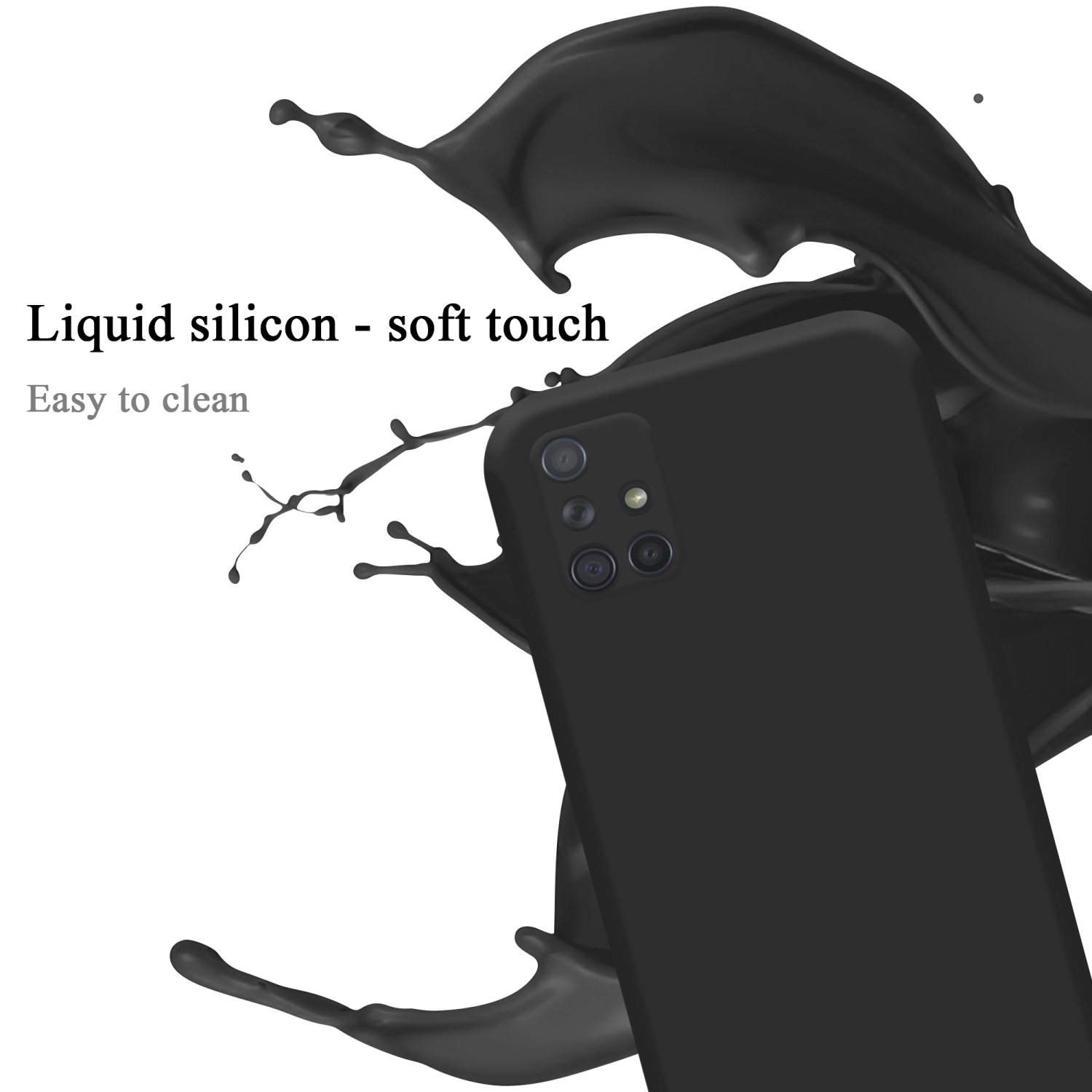 Eine schwarze Handyhülle mit einem schwarzen Flüssigkeitsspritzer im Hintergrund.