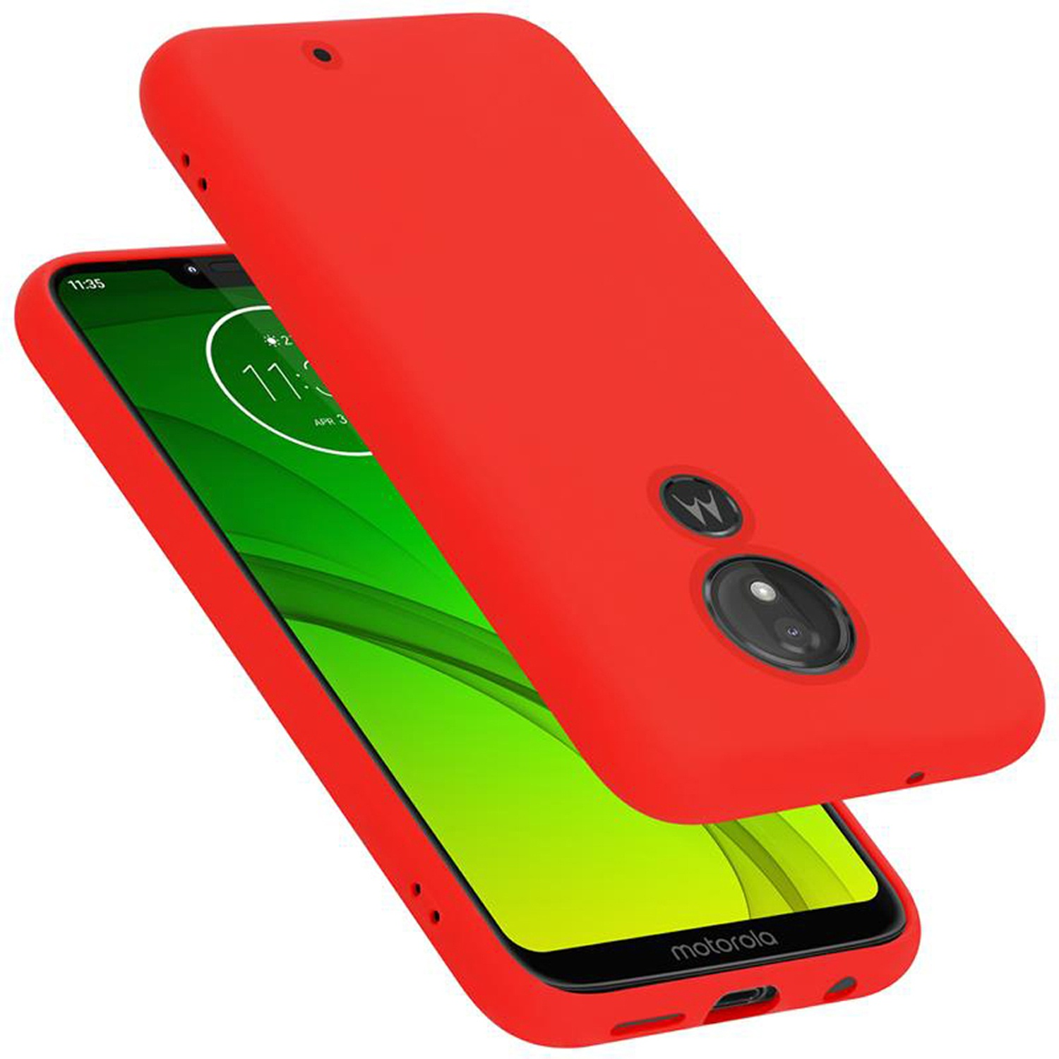 Una custodia per telefono rossa è aperta. Lo schermo del telefono è visibile. La custodia è aperta e angolata.