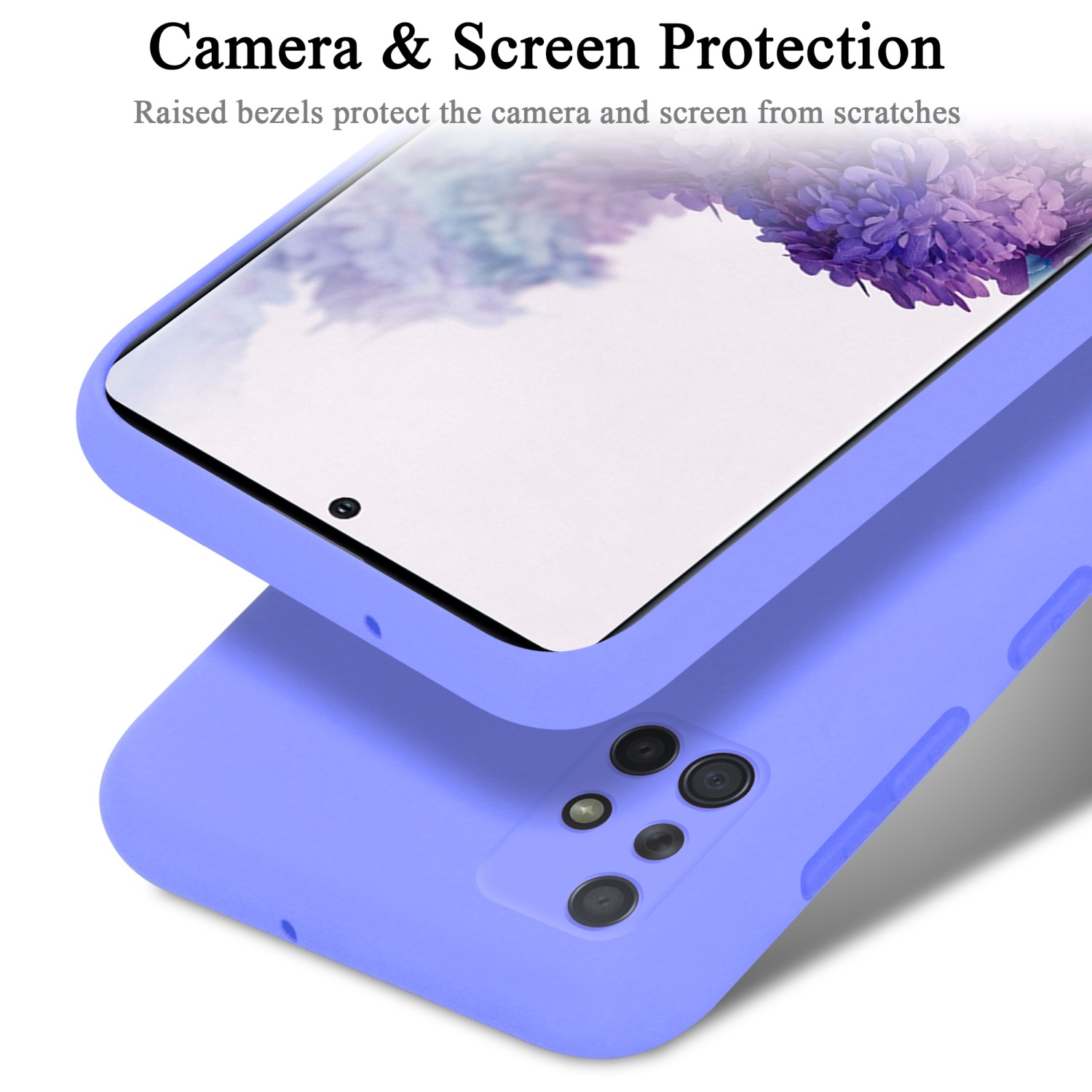 Custodia per telefono lilla con protezione schermo, che mostra il telefono e la protezione della fotocamera.