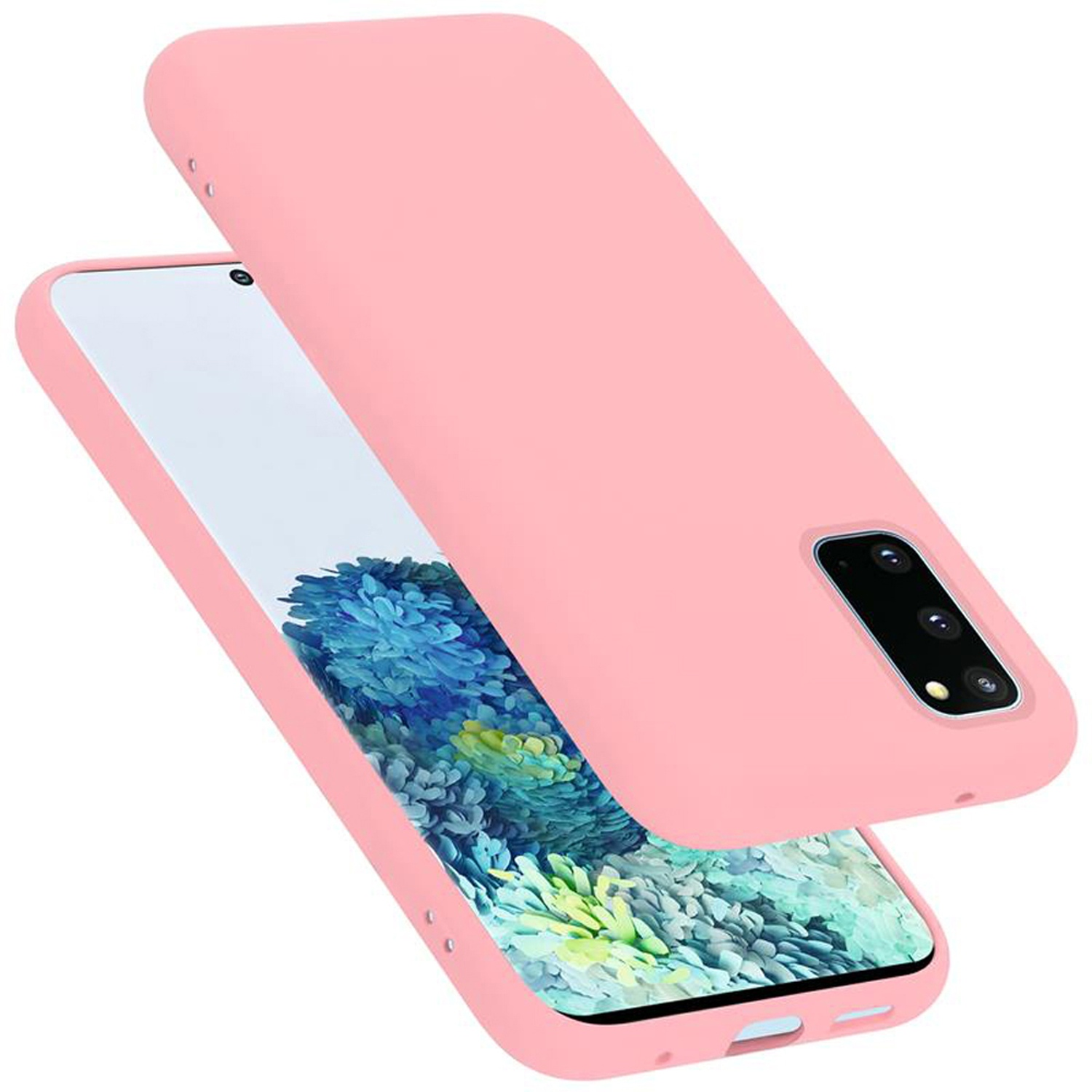 Custodia rosa con un telefono. Un'altra custodia rosa fluttua. Il telefono ha fiori blu.