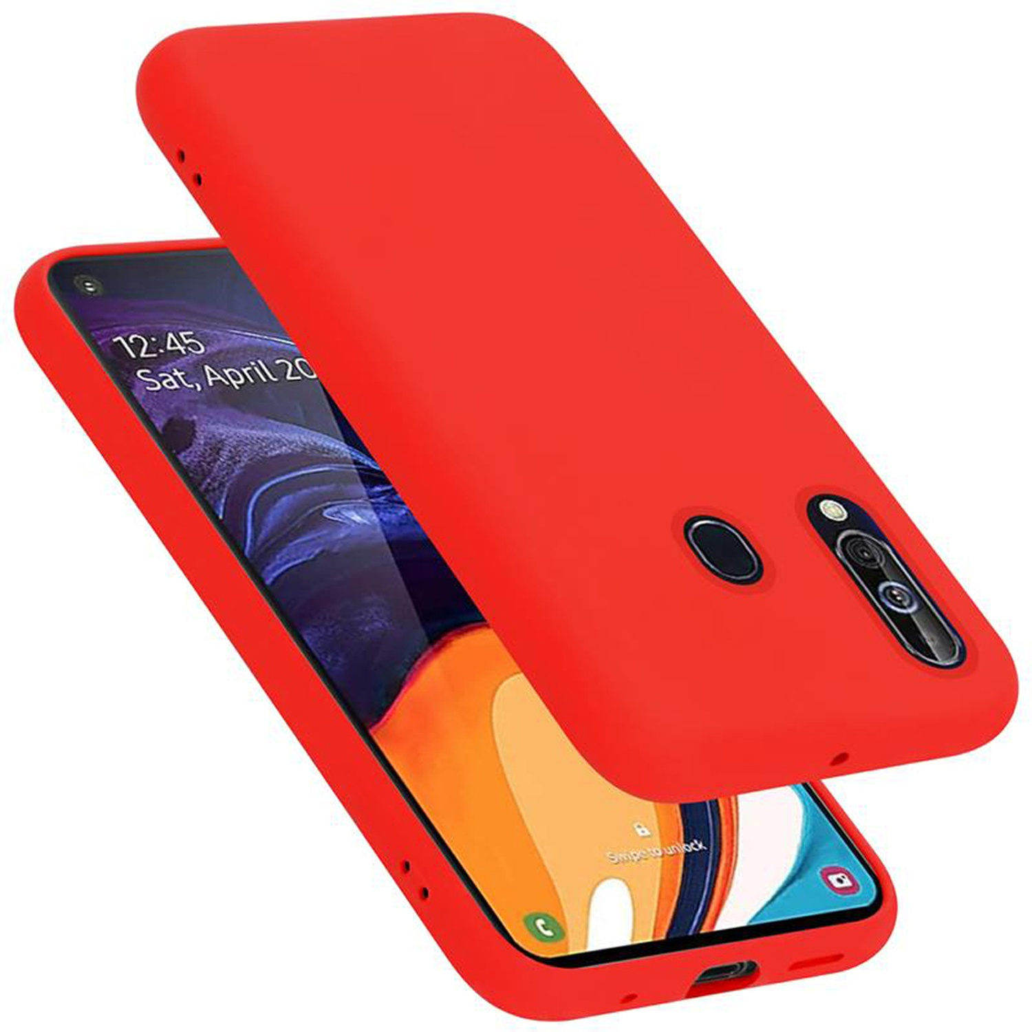 Rote Handyhülle mit Telefon. Die Hülle ist offen. Hintergrund ist weiß. Zeit wird angezeigt.
