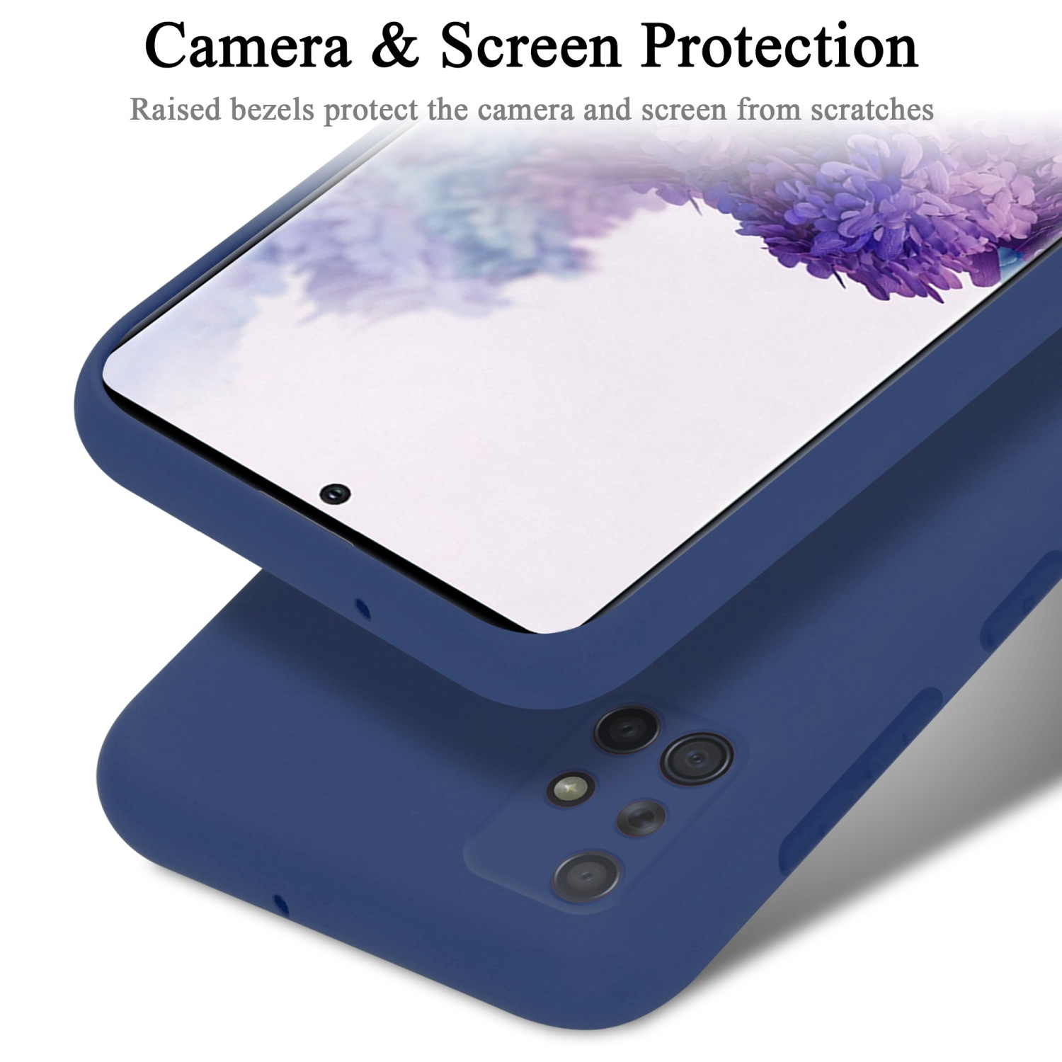 Una custodia blu scuro per telefono con protezione schermo. Il testo recita: Protezione fotocamera e schermo.