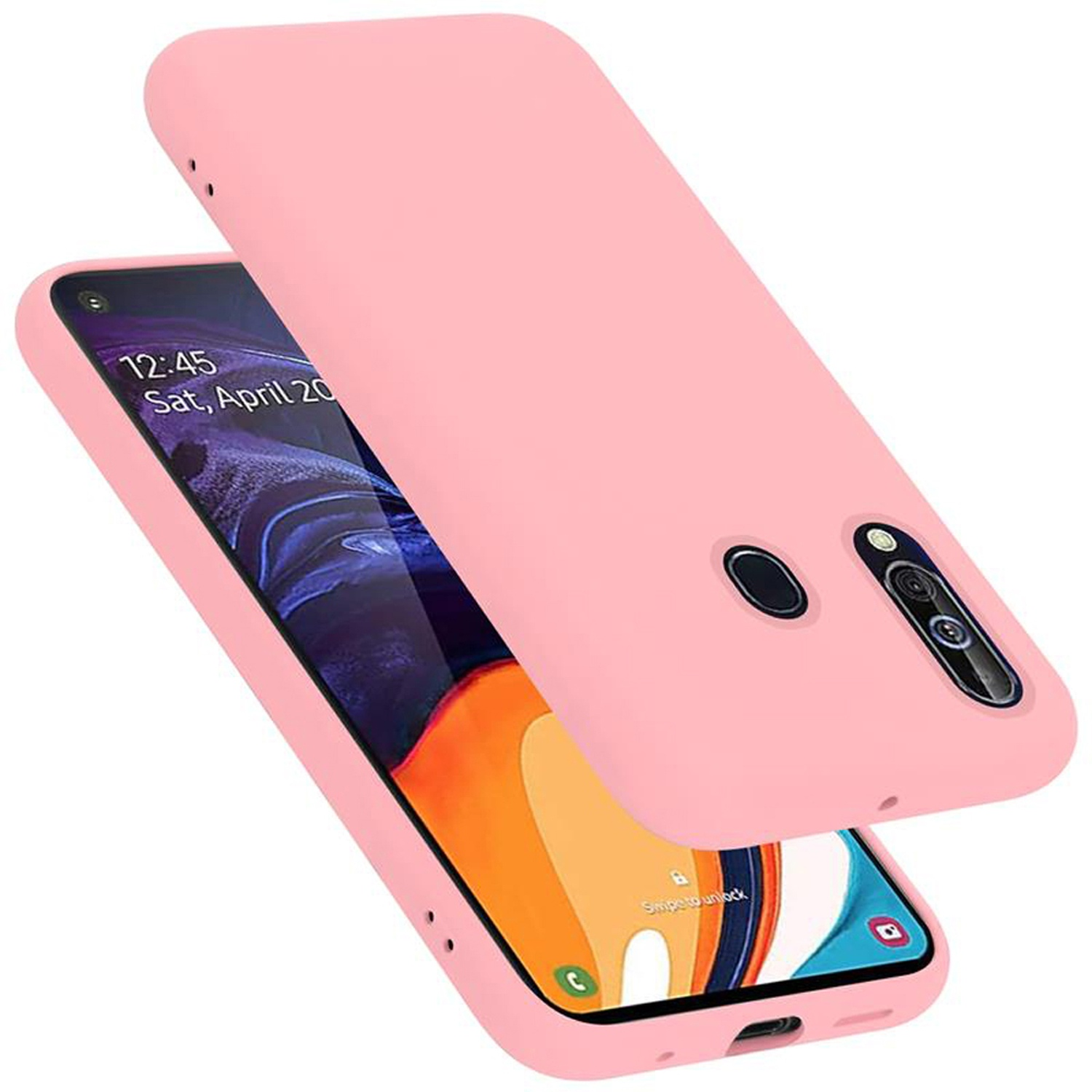 Rosa Handyhülle und Handy sind sichtbar. Das Handy zeigt die Uhrzeit und das Datum.
