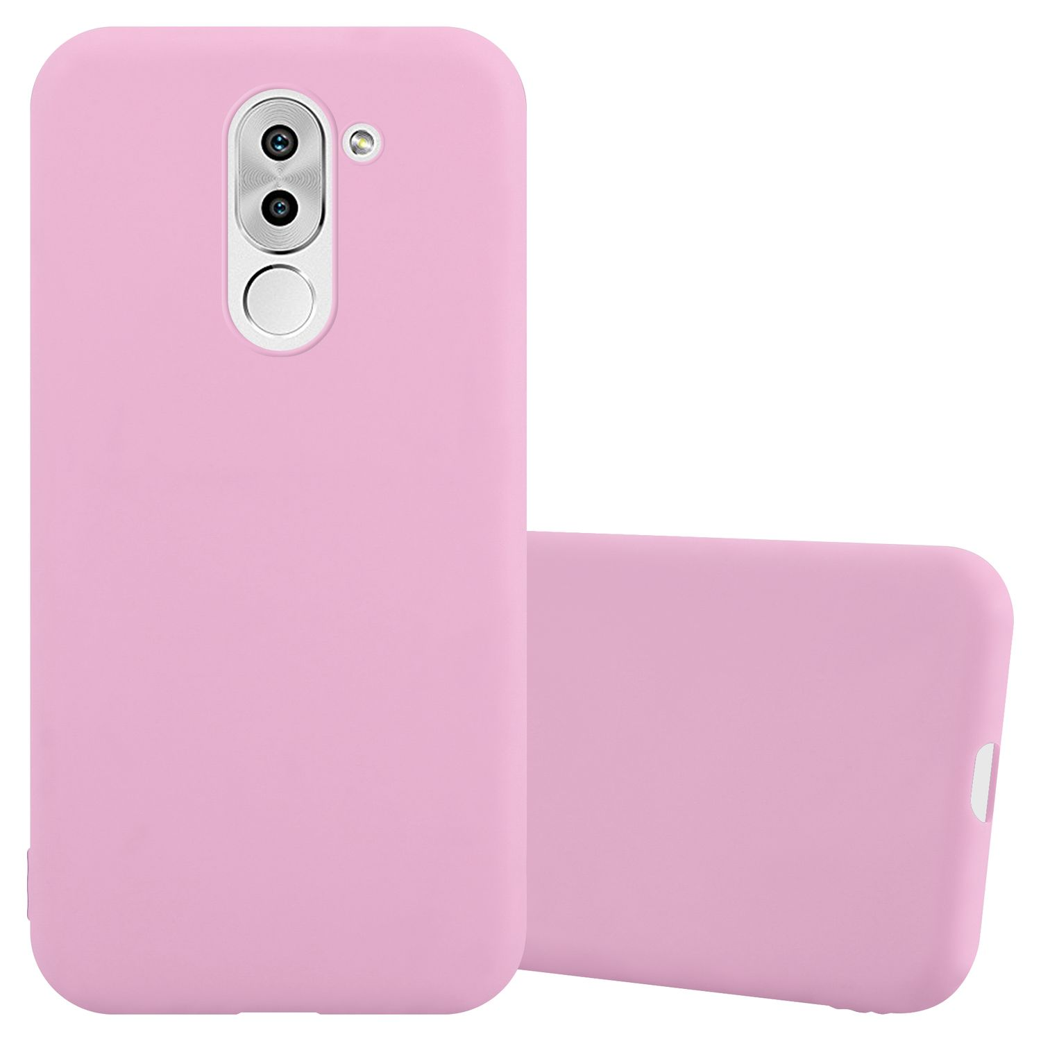 Ein pinkfarbenes Telefon mit einer pinkfarbenen Hülle. Telefon und Hülle liegen nebeneinander.