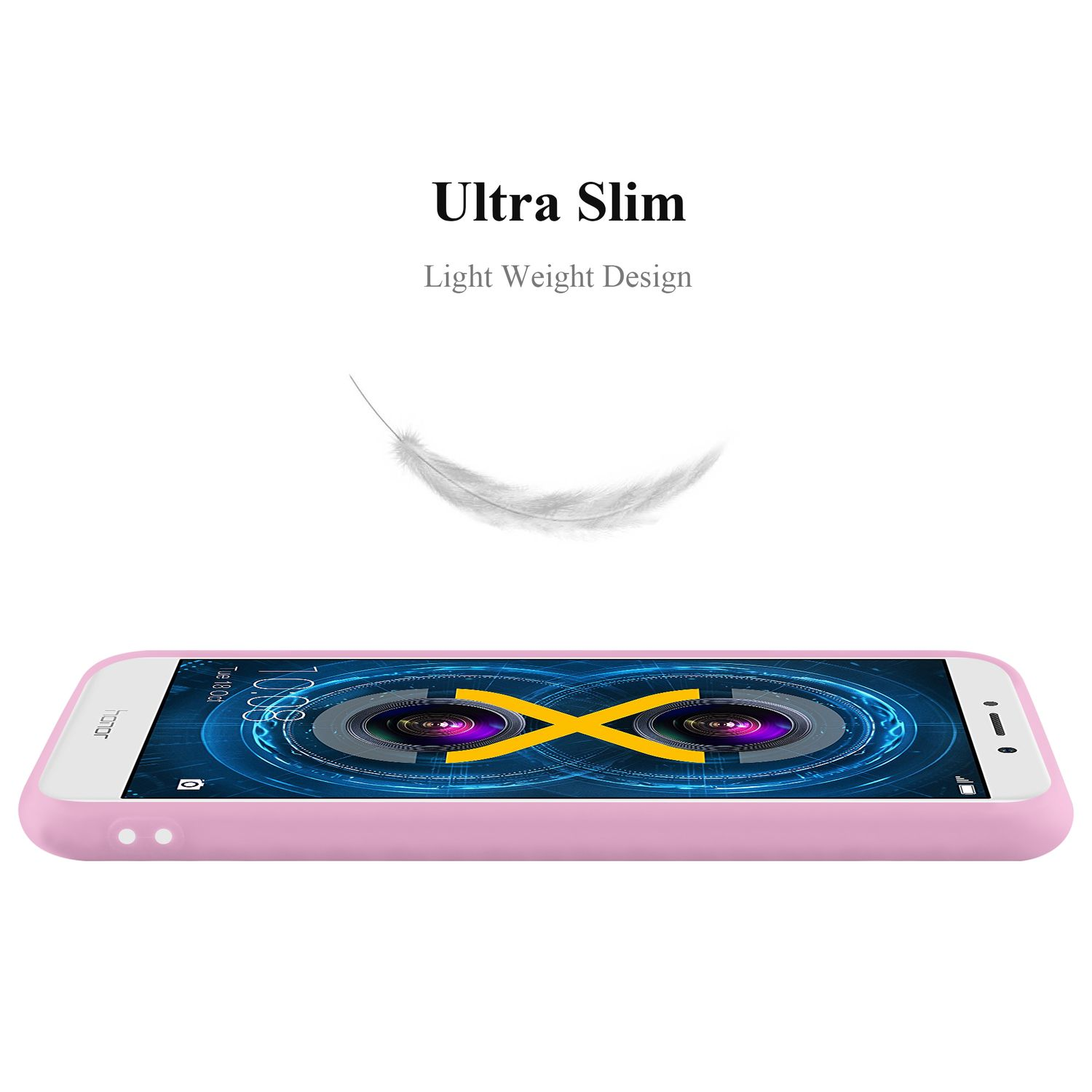 Ein pinkes Telefon, mit einer Feder, die darüber schwebt, und den Worten 'Ultra Slim' und 'Light Weight'.