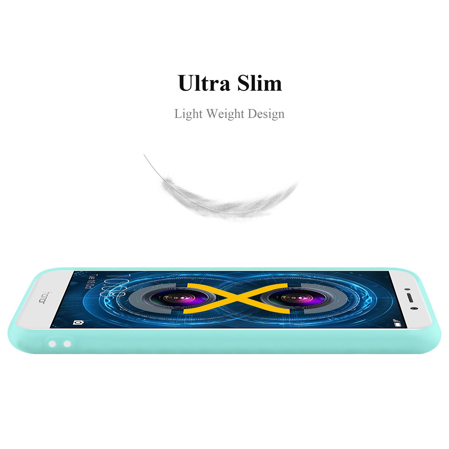 Ultra-schlanke Handyhülle; eine türkisfarbene Hülle über einem Telefon.