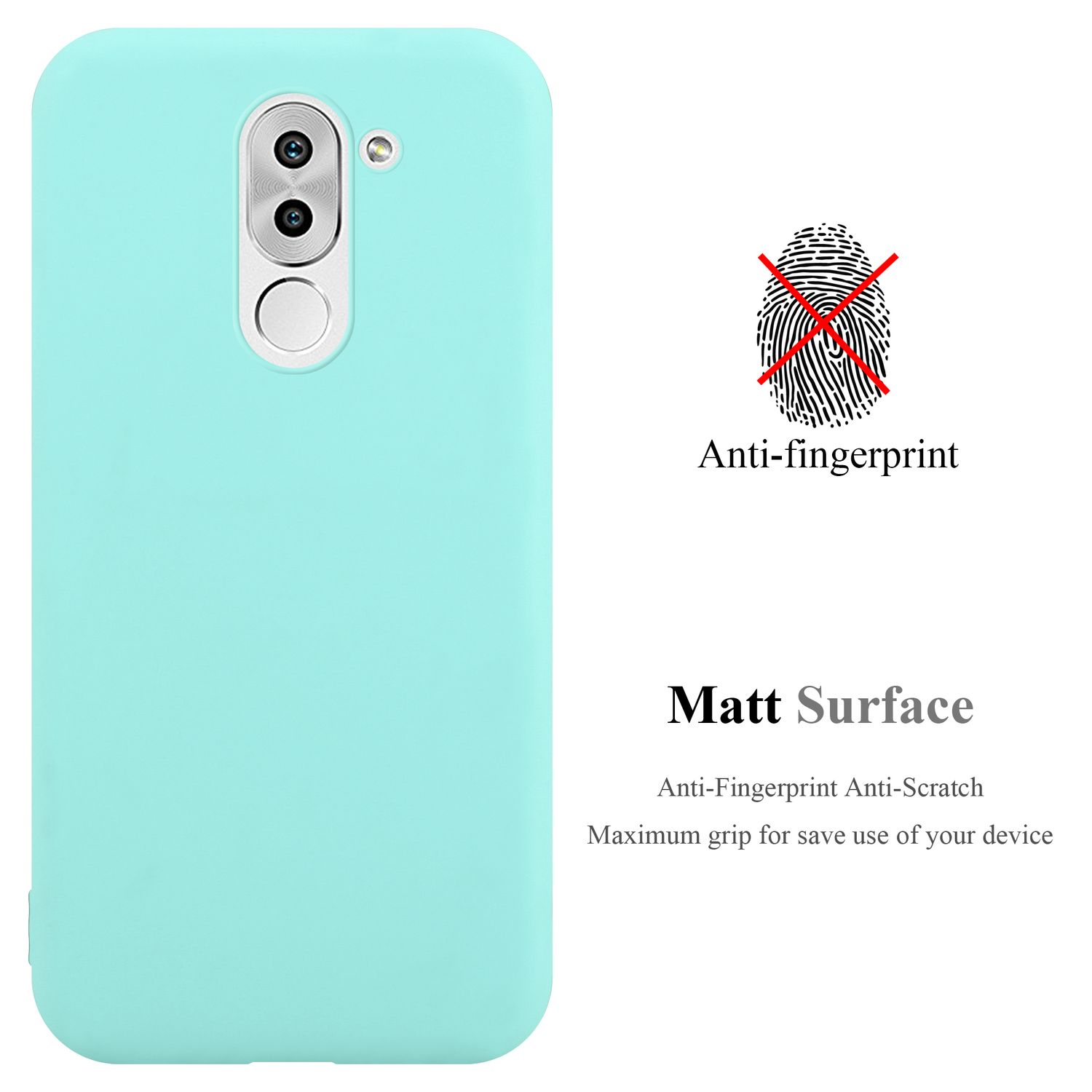 Minzgrüne Handyhülle mit Anti-Fingerabdruck und matter Oberfläche. Fingerabdruck-Symbol durchgestrichen.