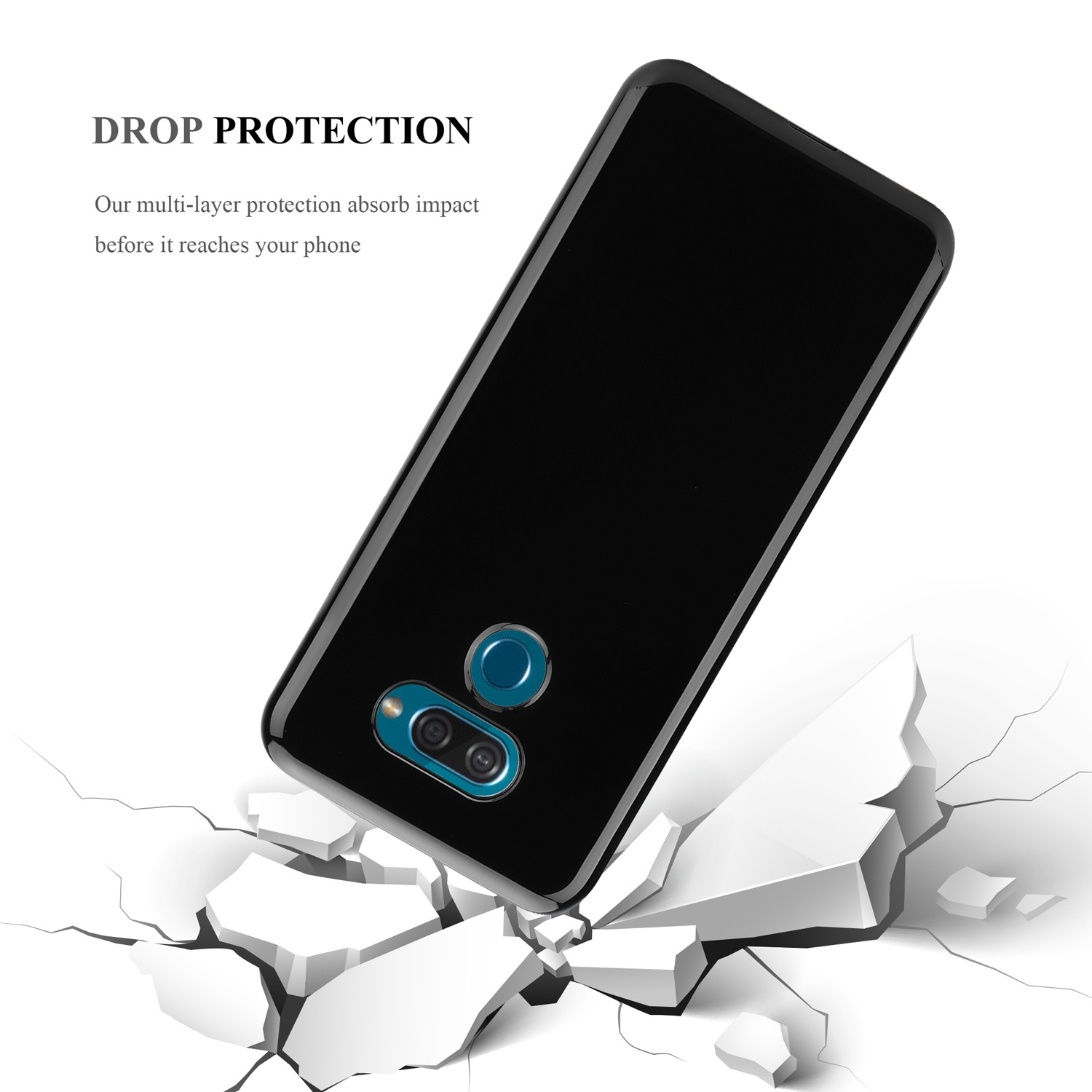 Eine schwarze Handyhülle mit einem Telefon darin, die eine Oberfläche zerbricht. Sturzschutz wird hervorgehoben.